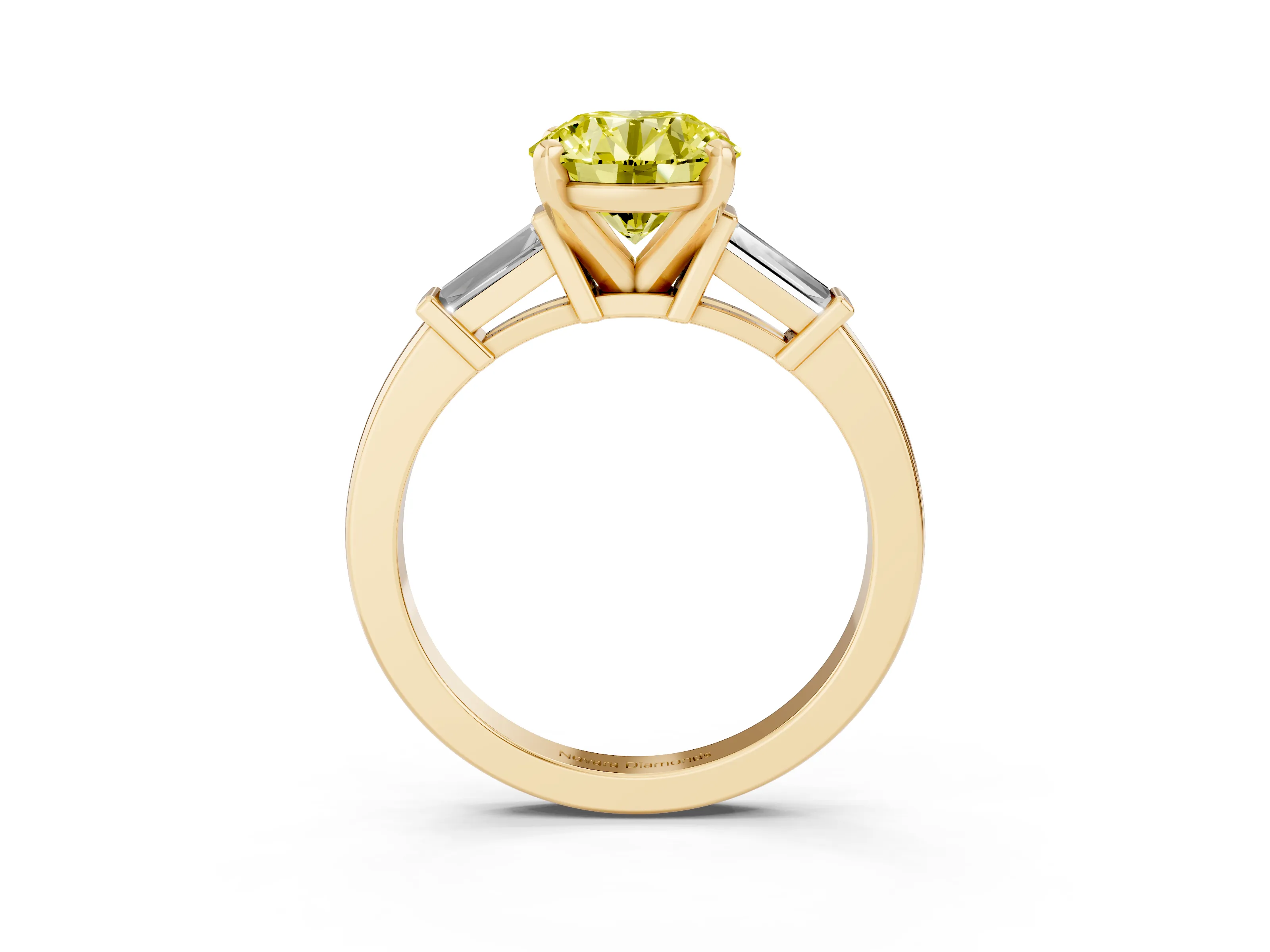 Fancy Yellow Round Cut Diamond Solitaire Ring Set in Yellow gold with Tapered Baguette Accents and Prong Setting