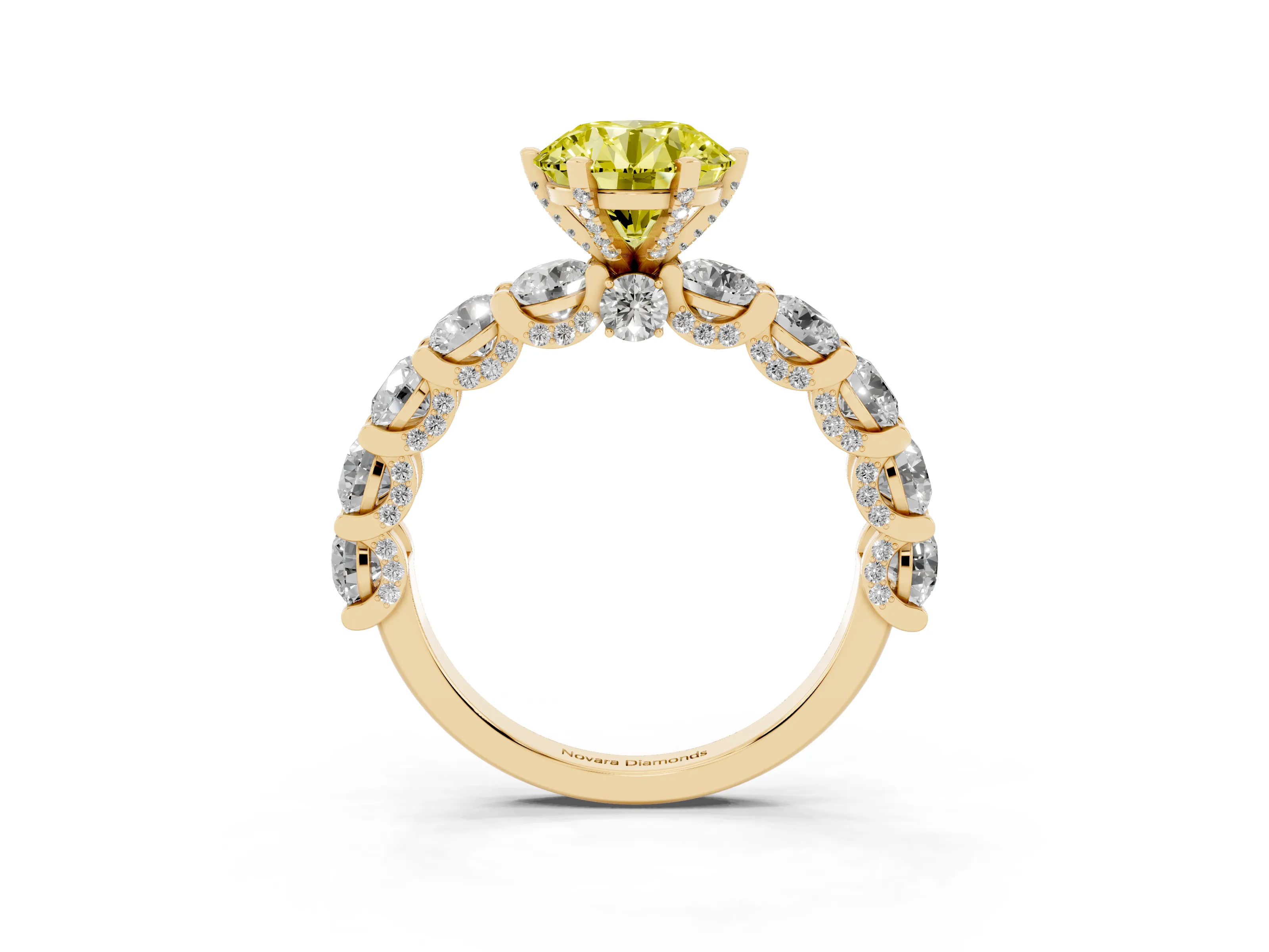 Fancy Yellow Round Cut Diamond Side Stone Ring Set in Yellow gold with Alternating Round and Oval Side Stones