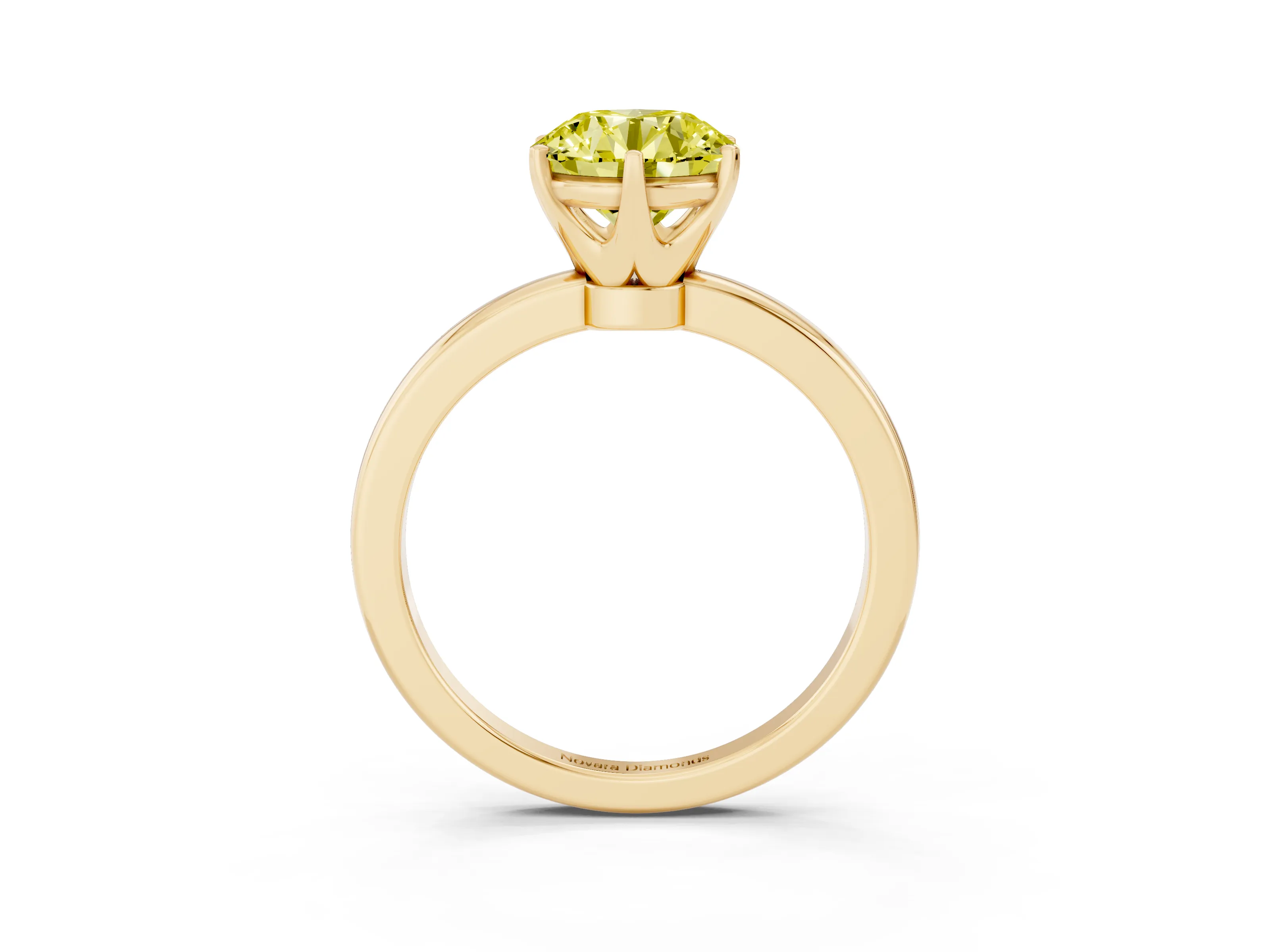 Fancy Yellow Round Cut Diamond Solitaire Ring Set in Yellow gold with Raised Prong Setting on a Classic Band