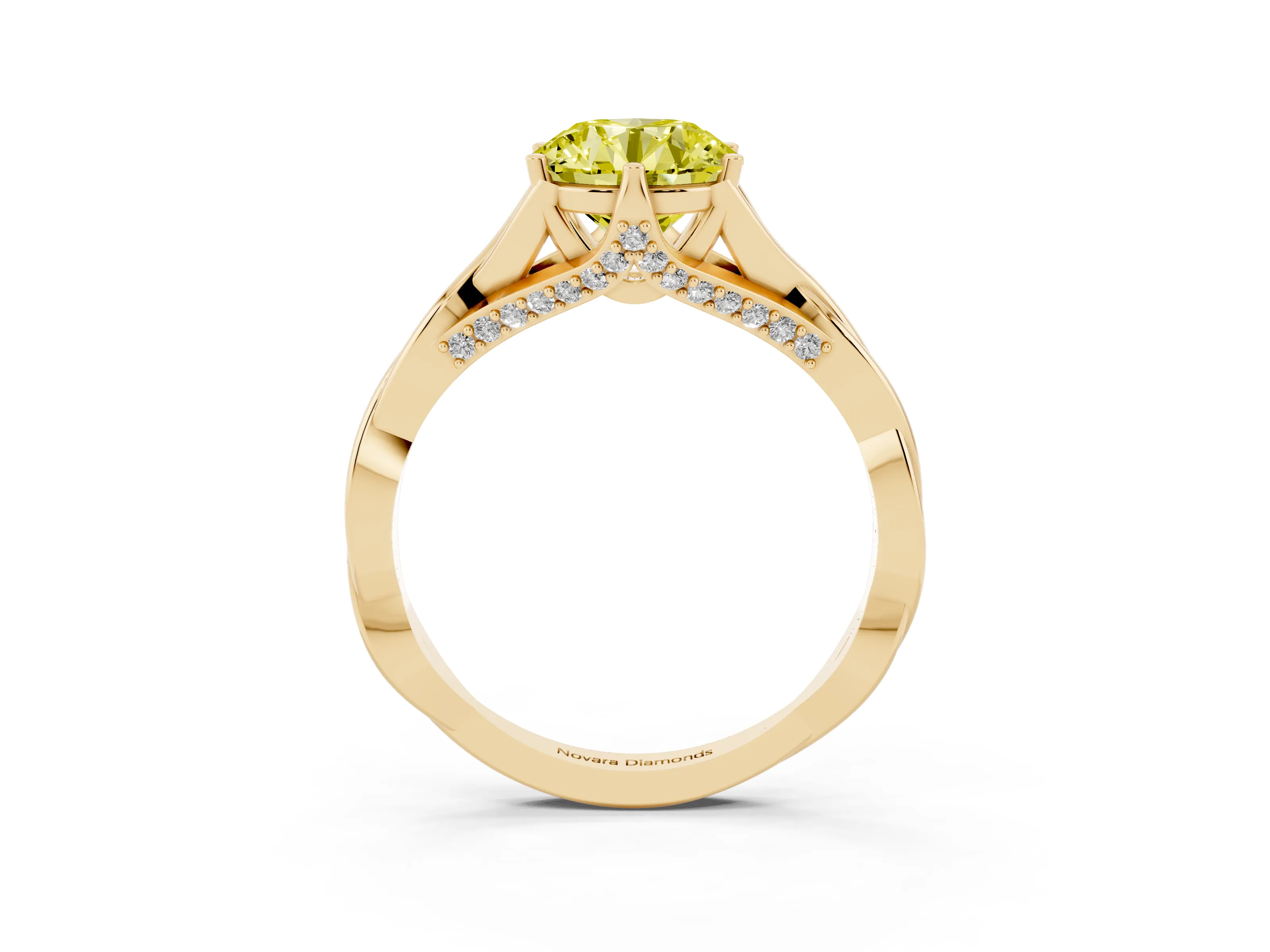 Fancy Yellow Round Cut Diamond Intertwined Twist Band Solitaire Ring Set in Yellow gold with Prong Setting