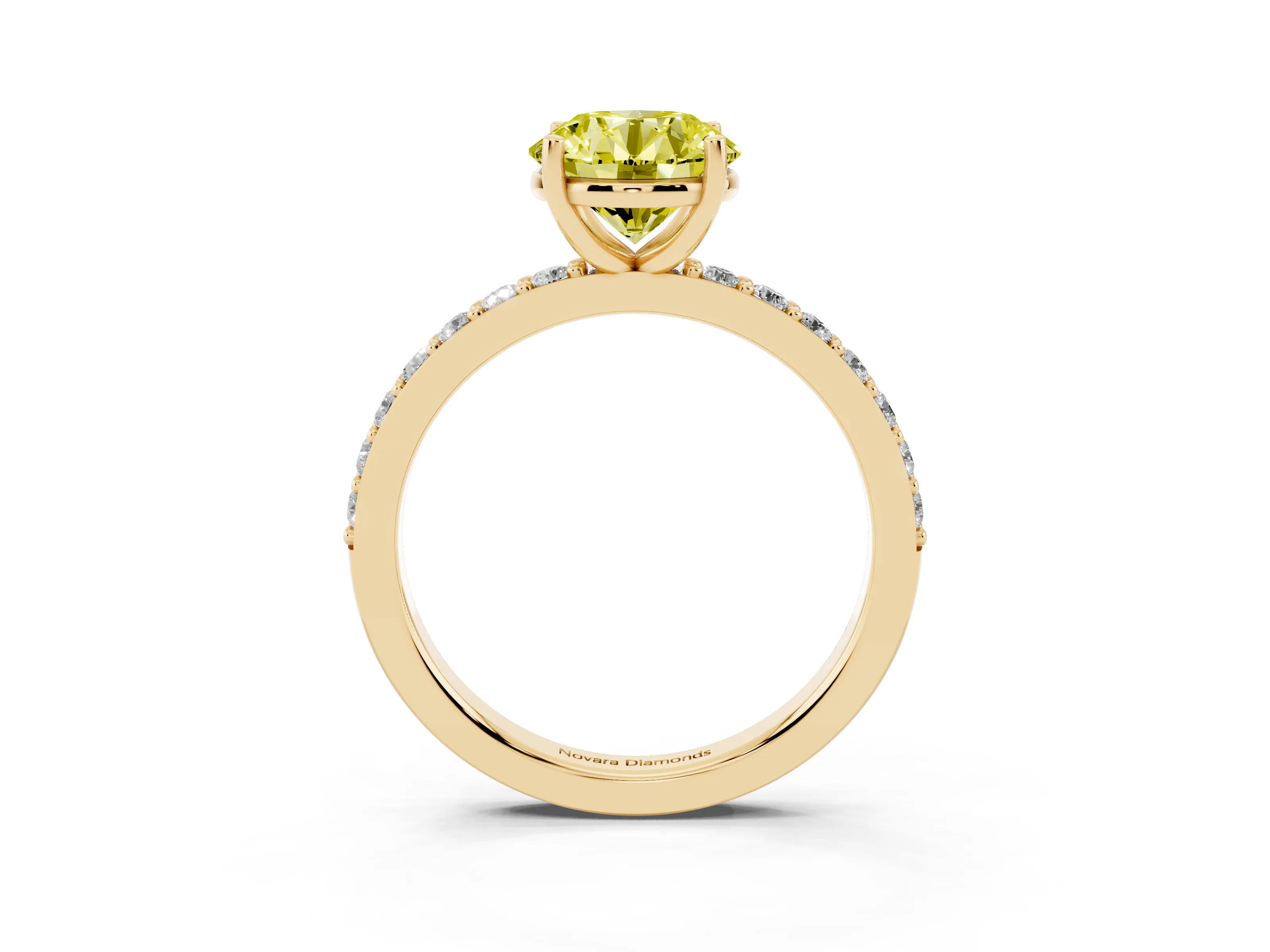 Fancy Yellow Round Cut Diamond Solitaire Set in Yellow gold with Round Pavé Band and Prong Setting