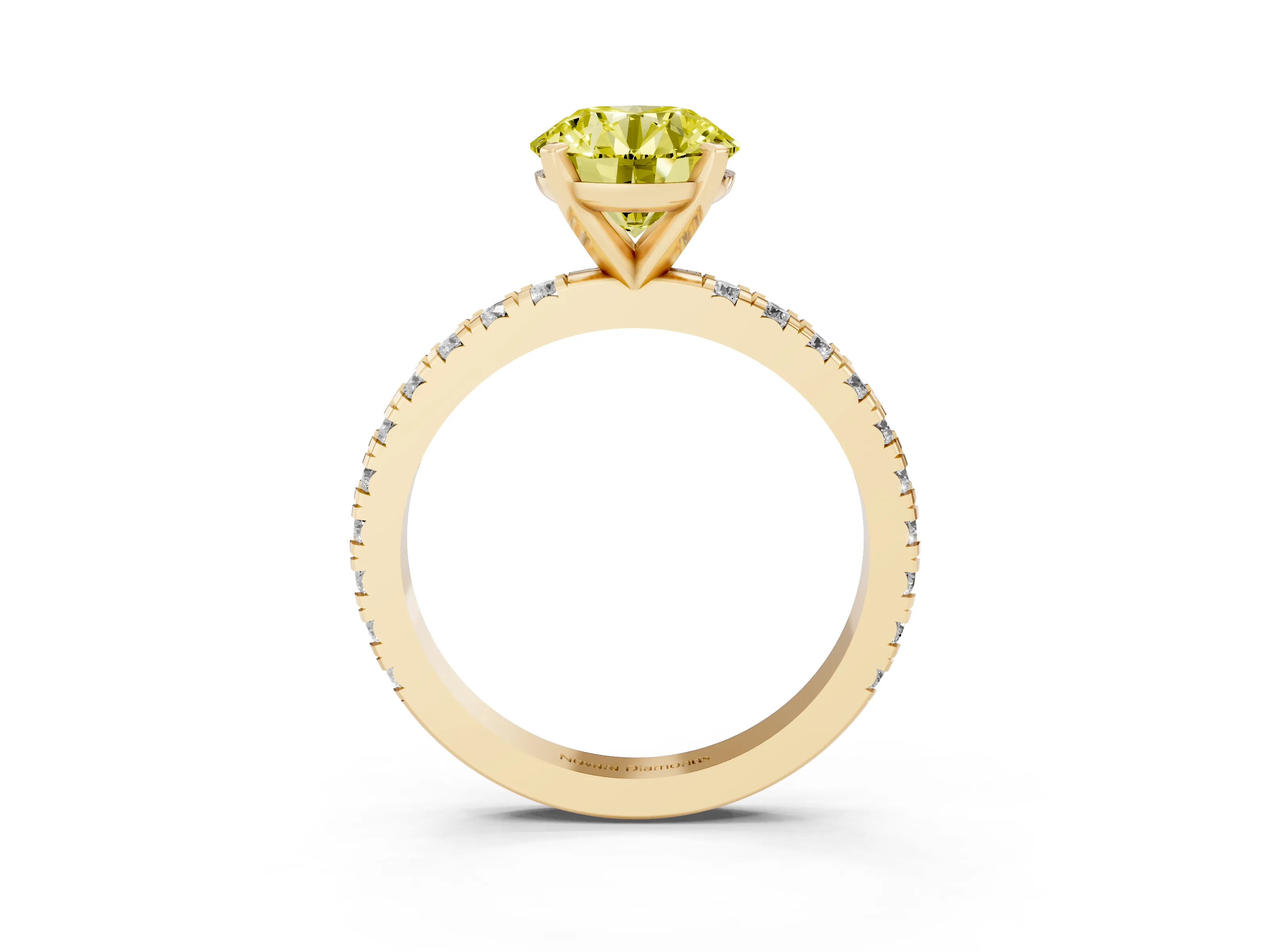 Fancy Yellow Round Cut Diamond Pavé Band Solitaire Set in Yellow gold with Prong Setting