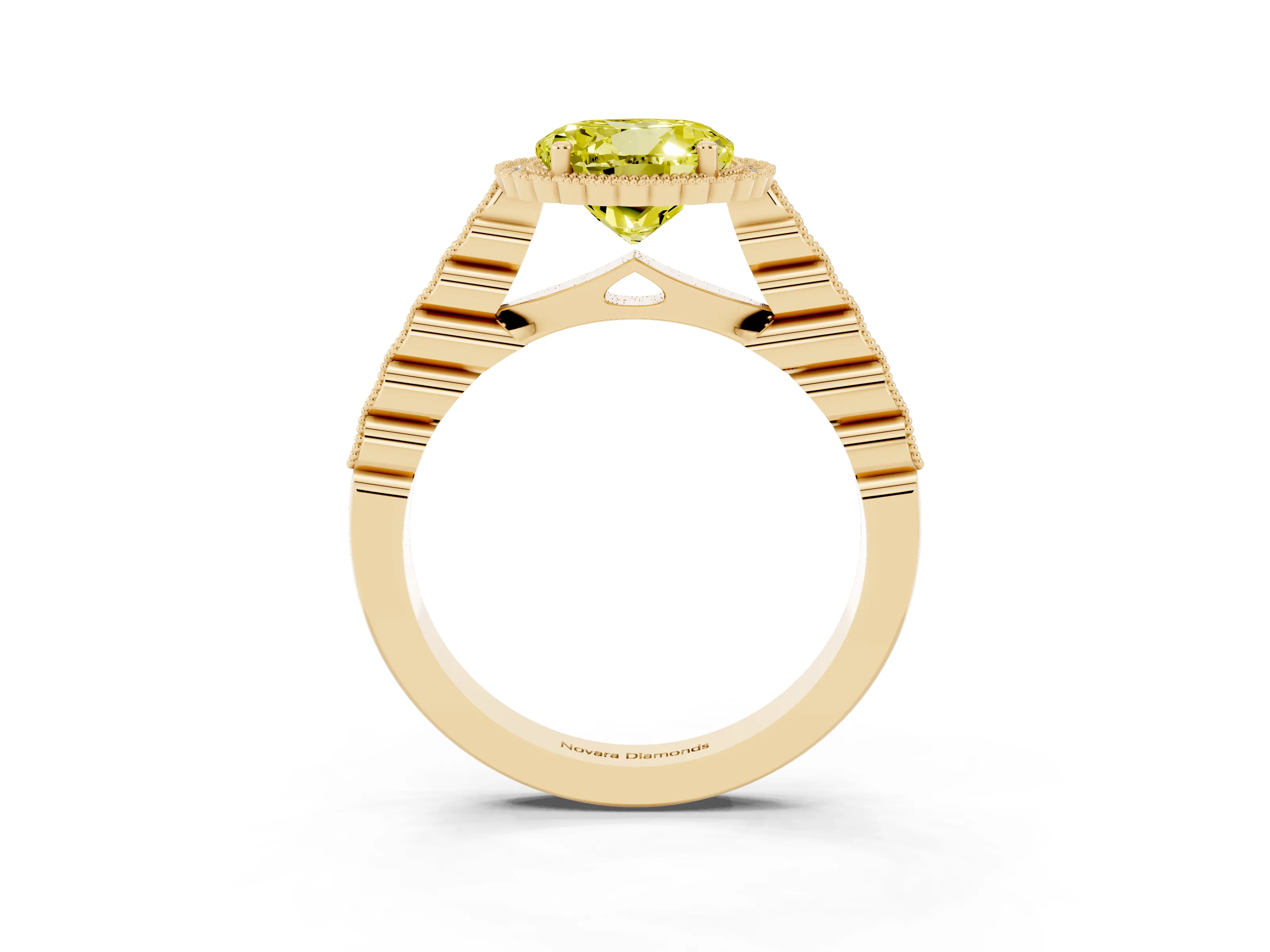 Fancy Yellow Round Cut Diamond Halo Ring Set in Yellow gold with Pavé Milgrain Band