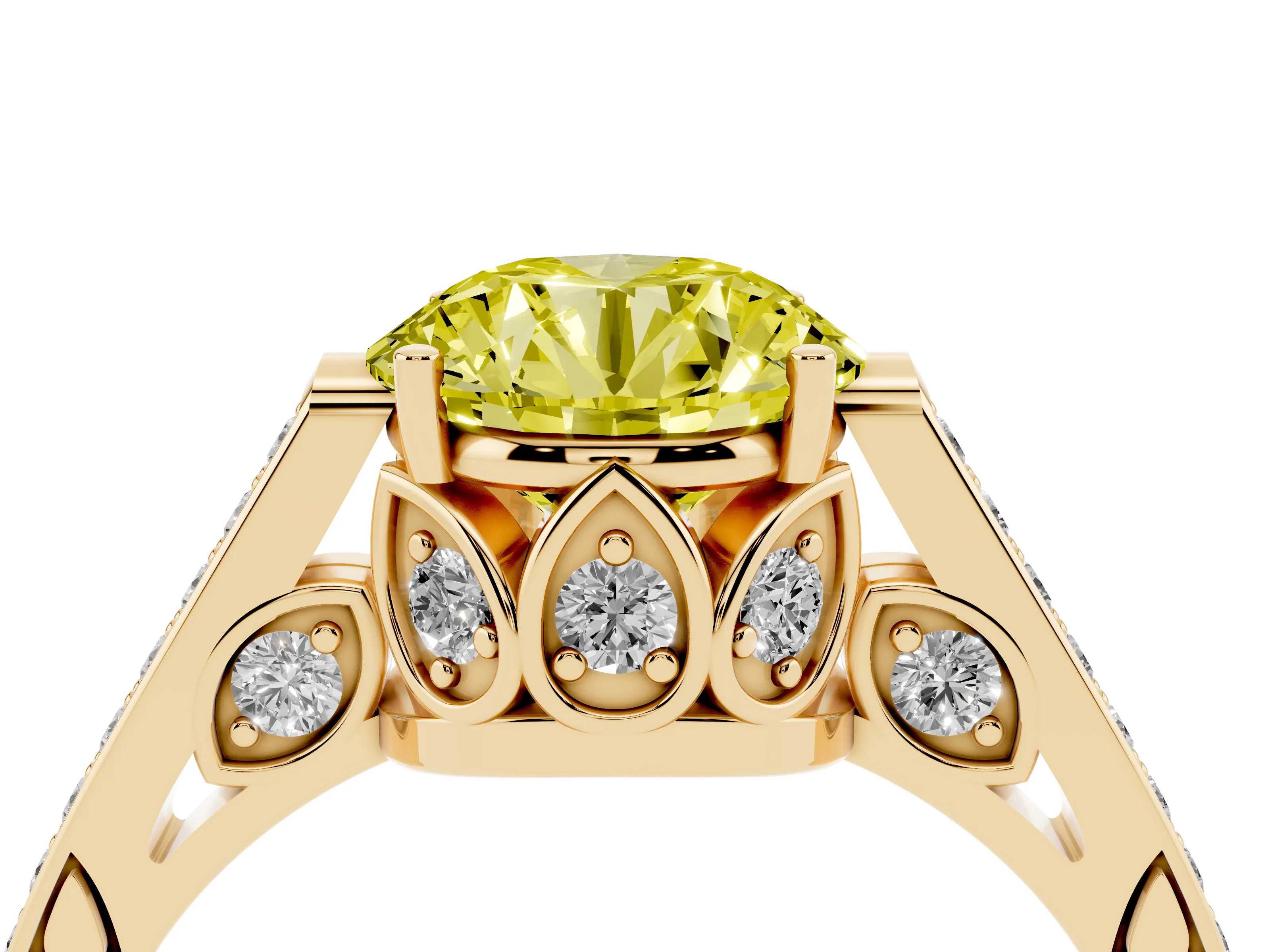 Fancy Yellow Round Cut Diamond Cathedral Pavé Engagement Ring Set in Yellow gold with Prong Setting