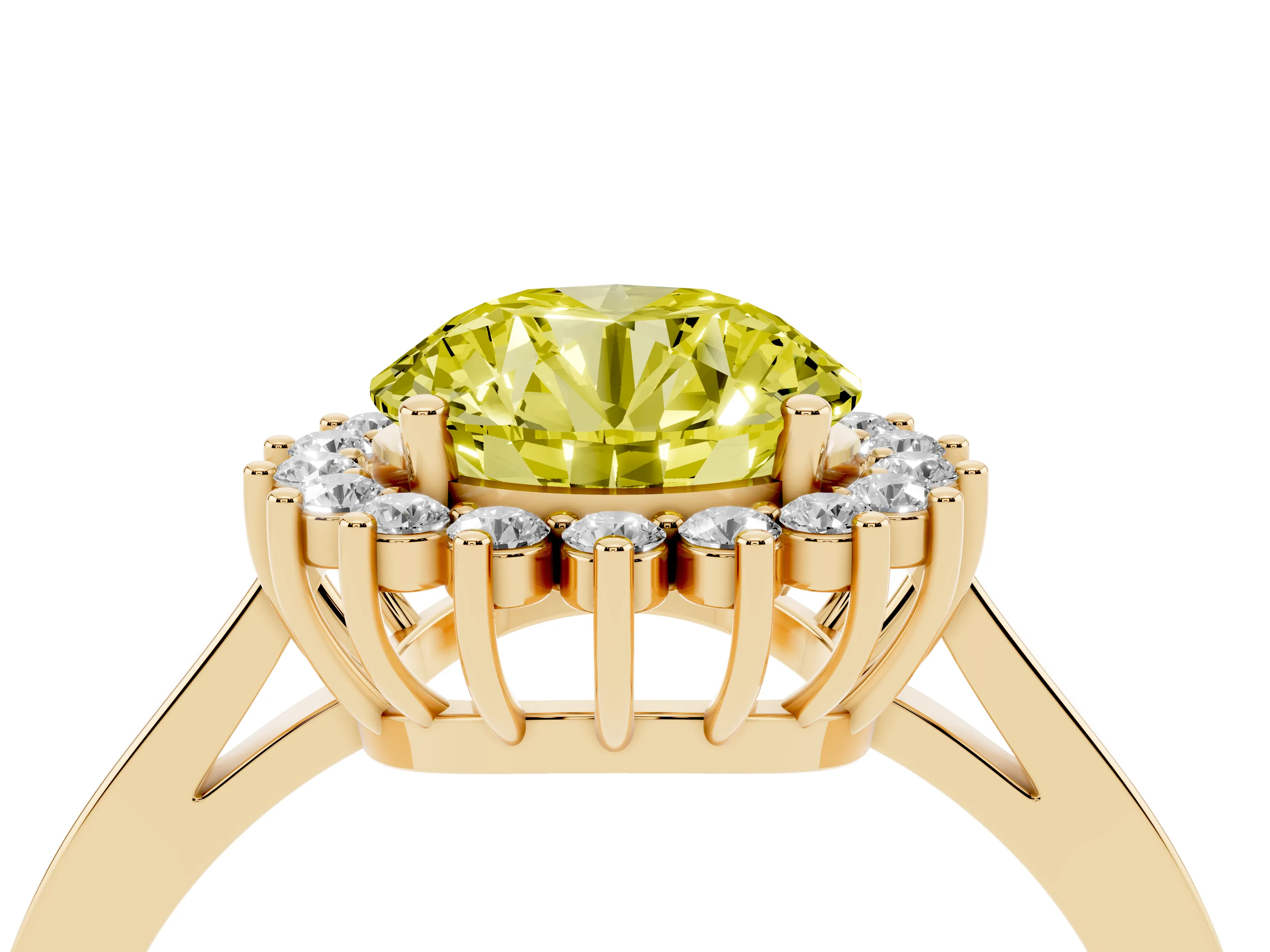 Fancy Yellow Round Cut Diamond Halo Ring Set in Yellow gold with Round Halo and Smooth Solitaire Band