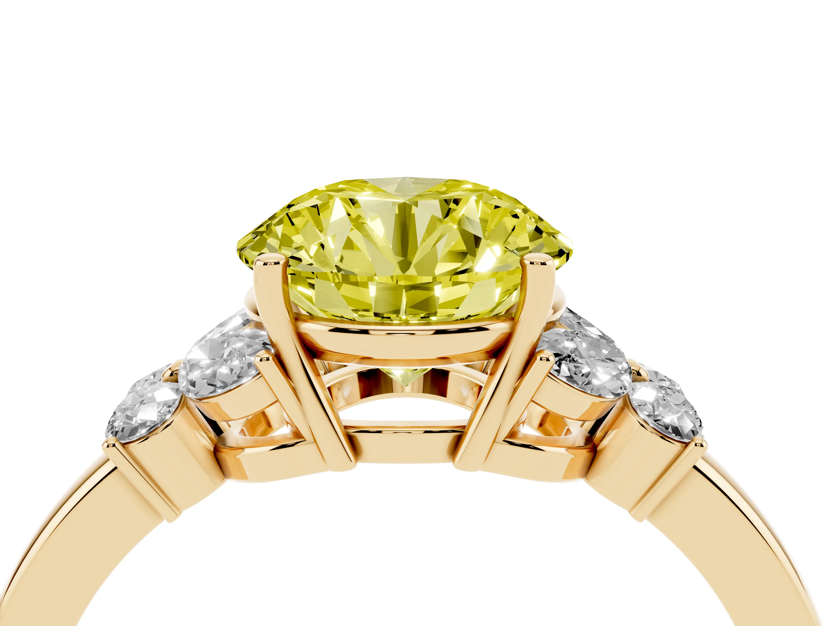 Fancy Yellow Round Cut Diamond Solitaire Floral Ring Set in Yellow gold with Marquise Petals and Prong Setting