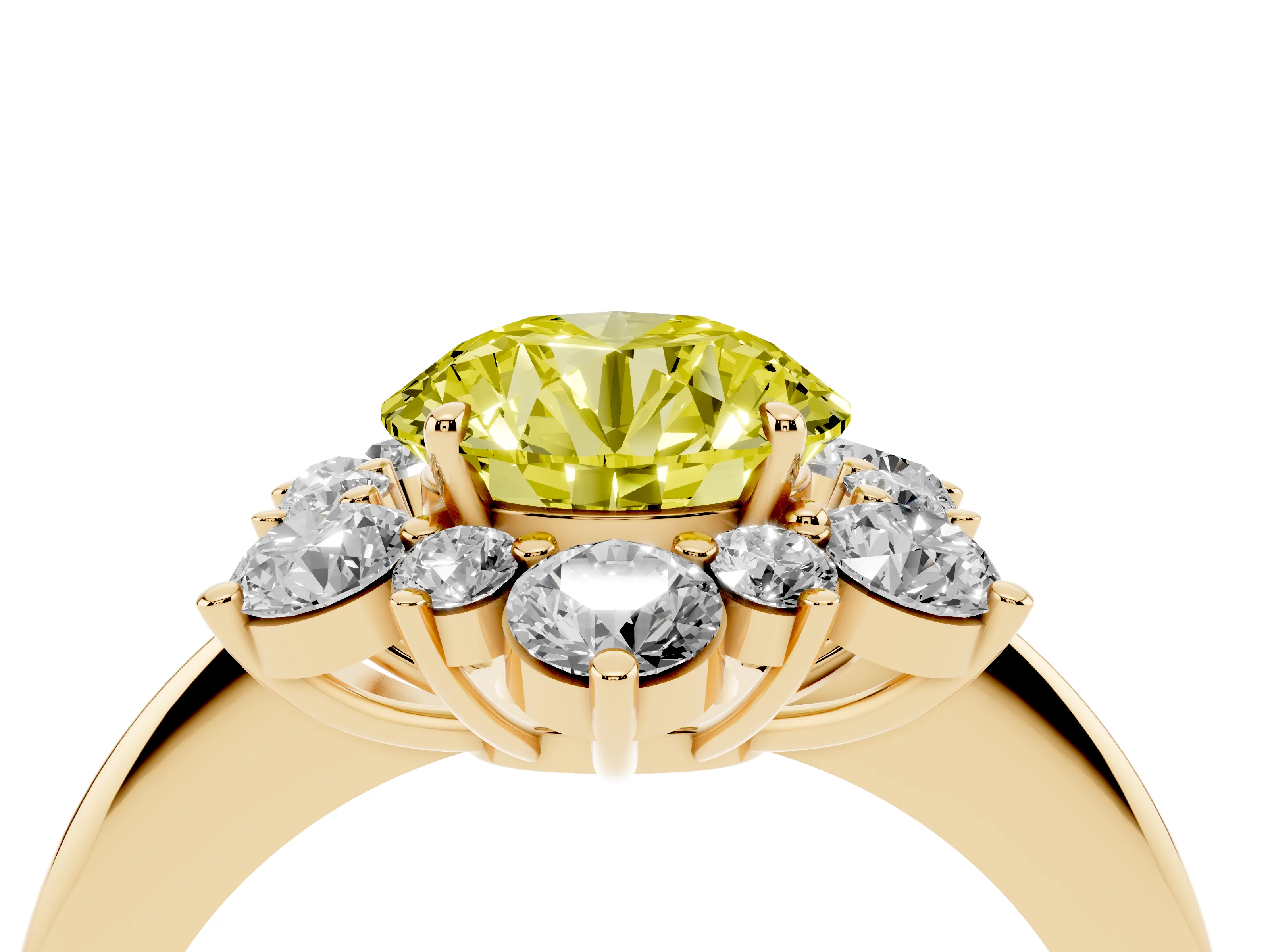 Fancy Yellow Round Cut Diamond Cluster Halo Ring Set in Yellow gold with Solitaire Band and Prong Setting
