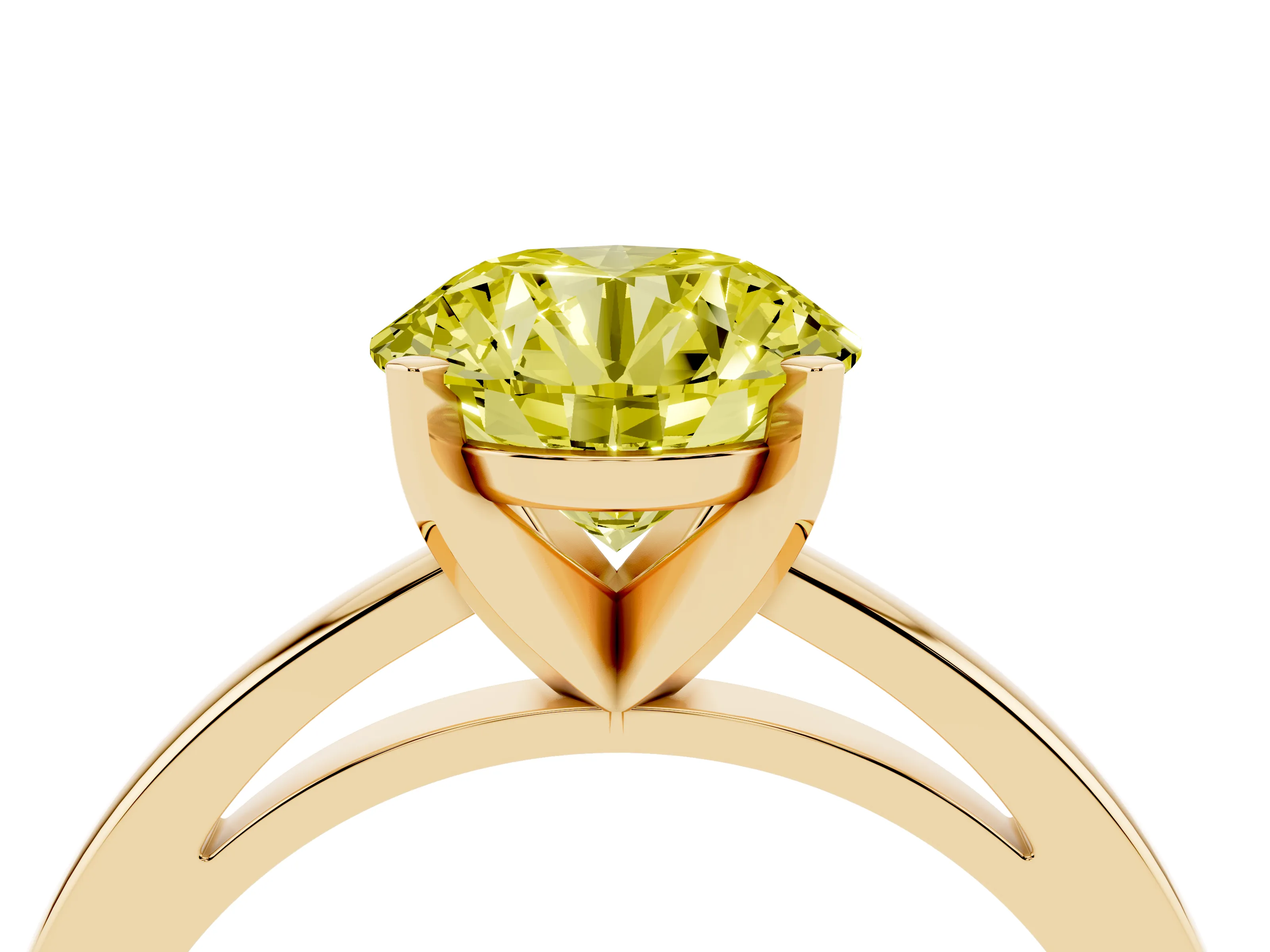 Fancy Yellow Round Cut Diamond Solitaire Engagement Ring Set in Yellow gold with Prong Setting on a Classic Band