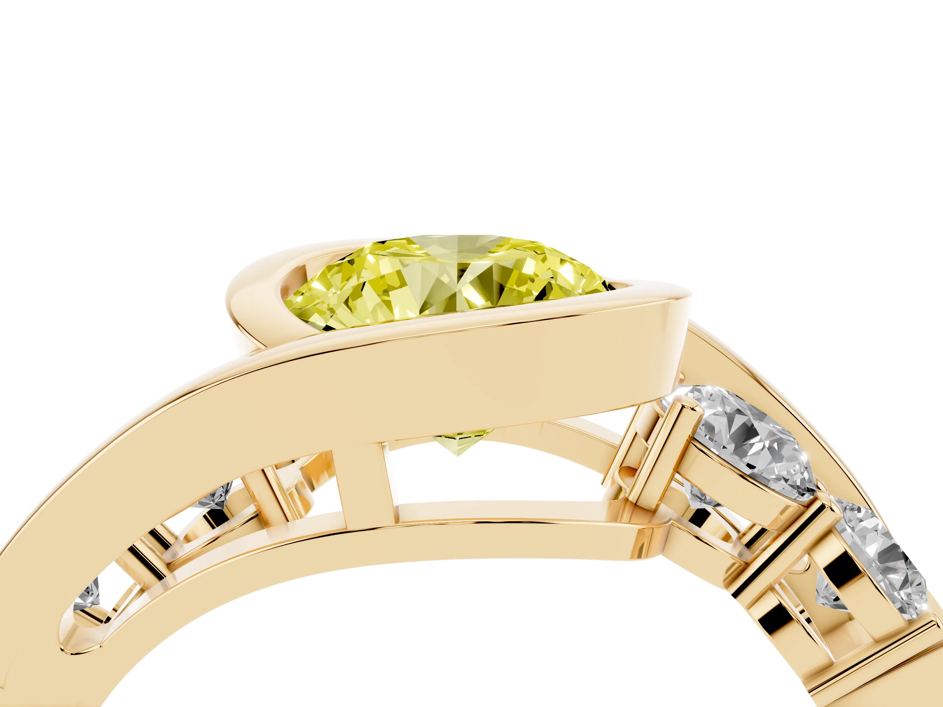 Fancy Yellow Round Cut Diamond Bezel Bypass Ring Set in Yellow gold with Round Accents