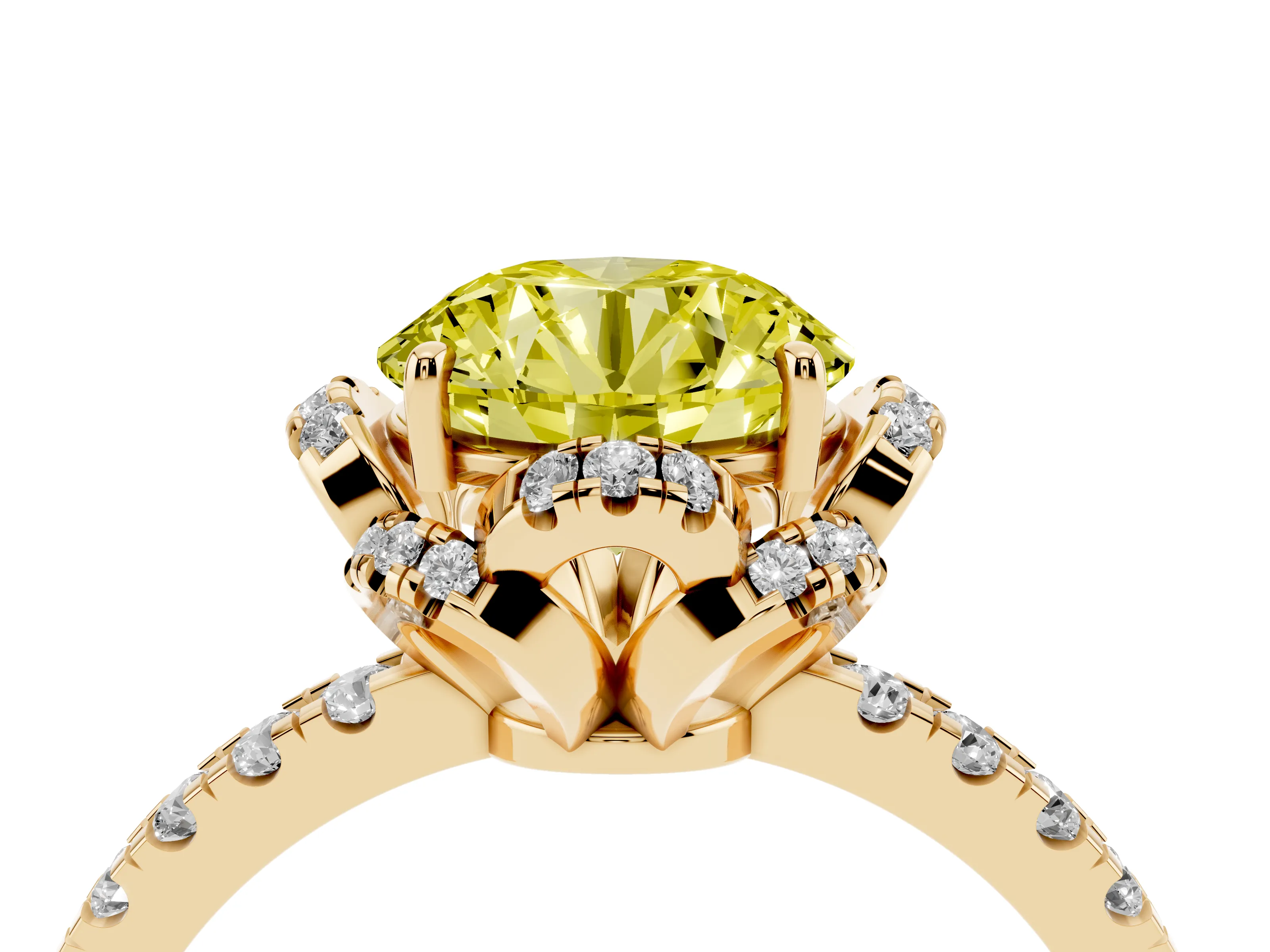 Fancy Yellow Round Cut Diamond Halo Pavé Band Ring Set in Yellow gold with Prong-Held Center