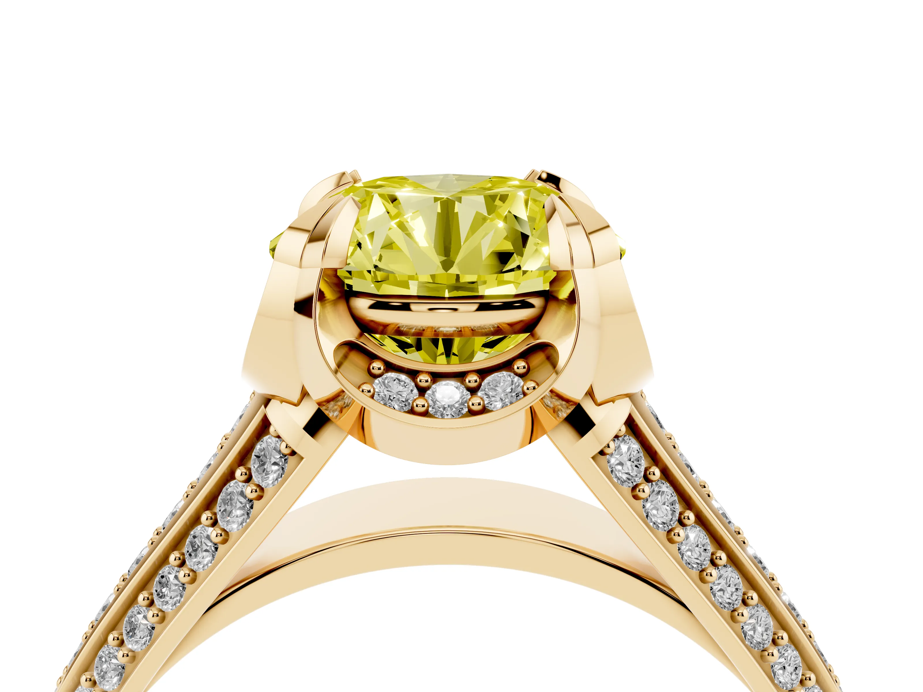 Fancy Yellow Round Cut Diamond Pavé Split Shank Solitaire Ring Set in Yellow gold with Prong Setting