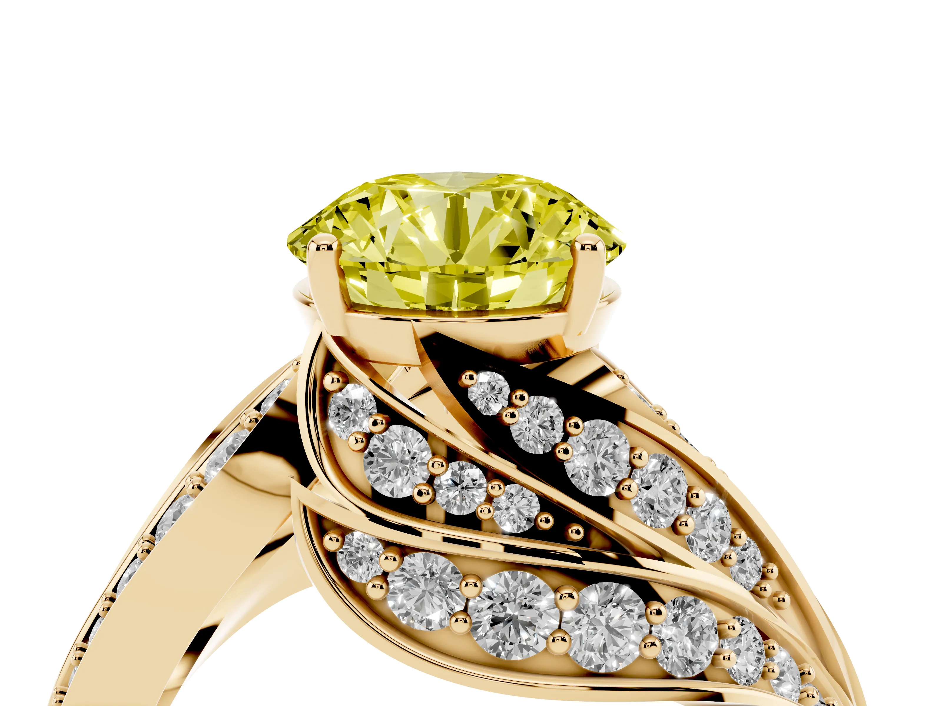 Fancy Yellow Round Cut Diamond Solitaire Ring Set in Yellow gold with Layered Twist Pavé Band