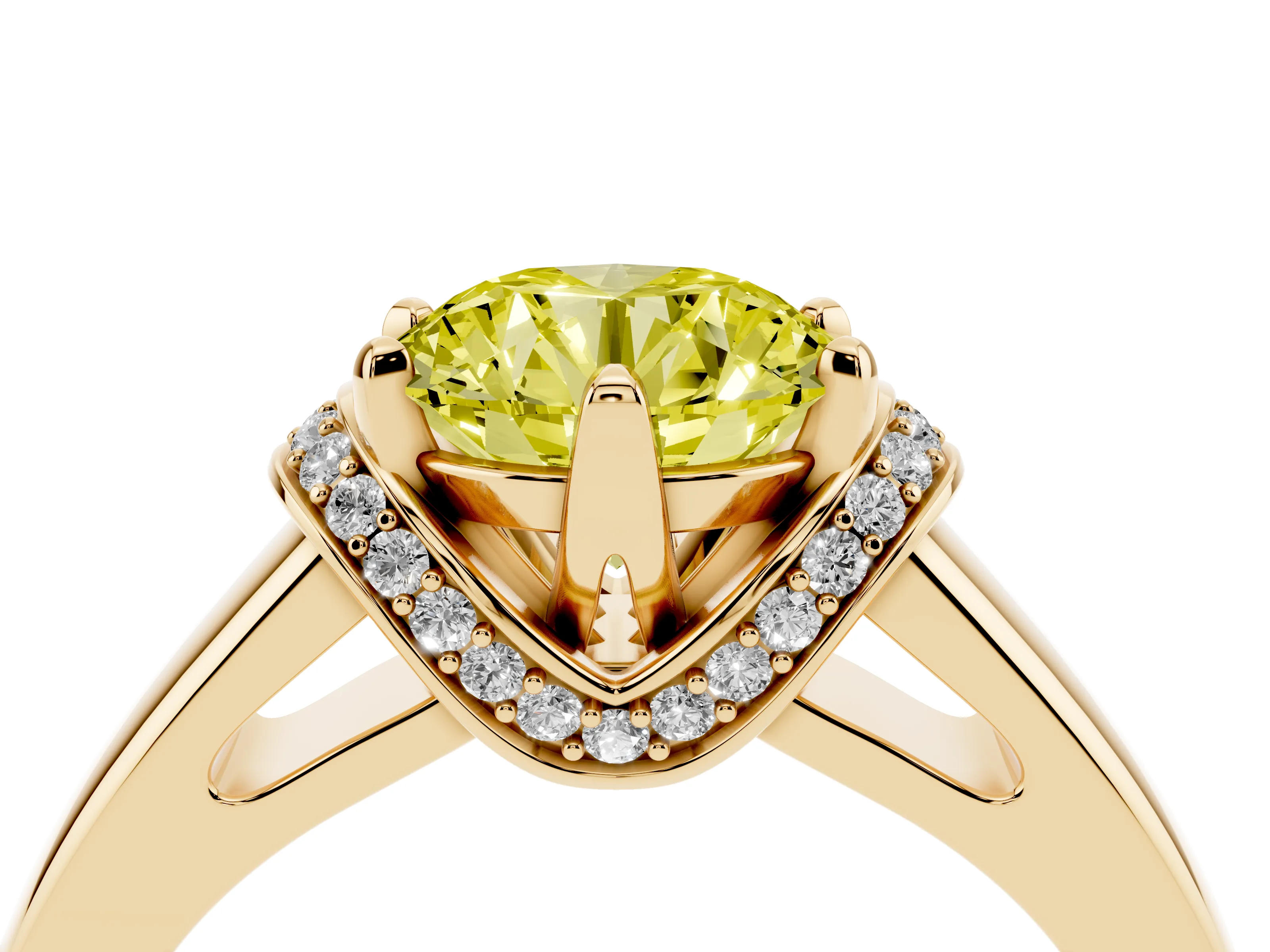 Fancy Yellow Round Cut Diamond Pavé Band Solitaire Ring Set in Yellow gold with Prong Setting