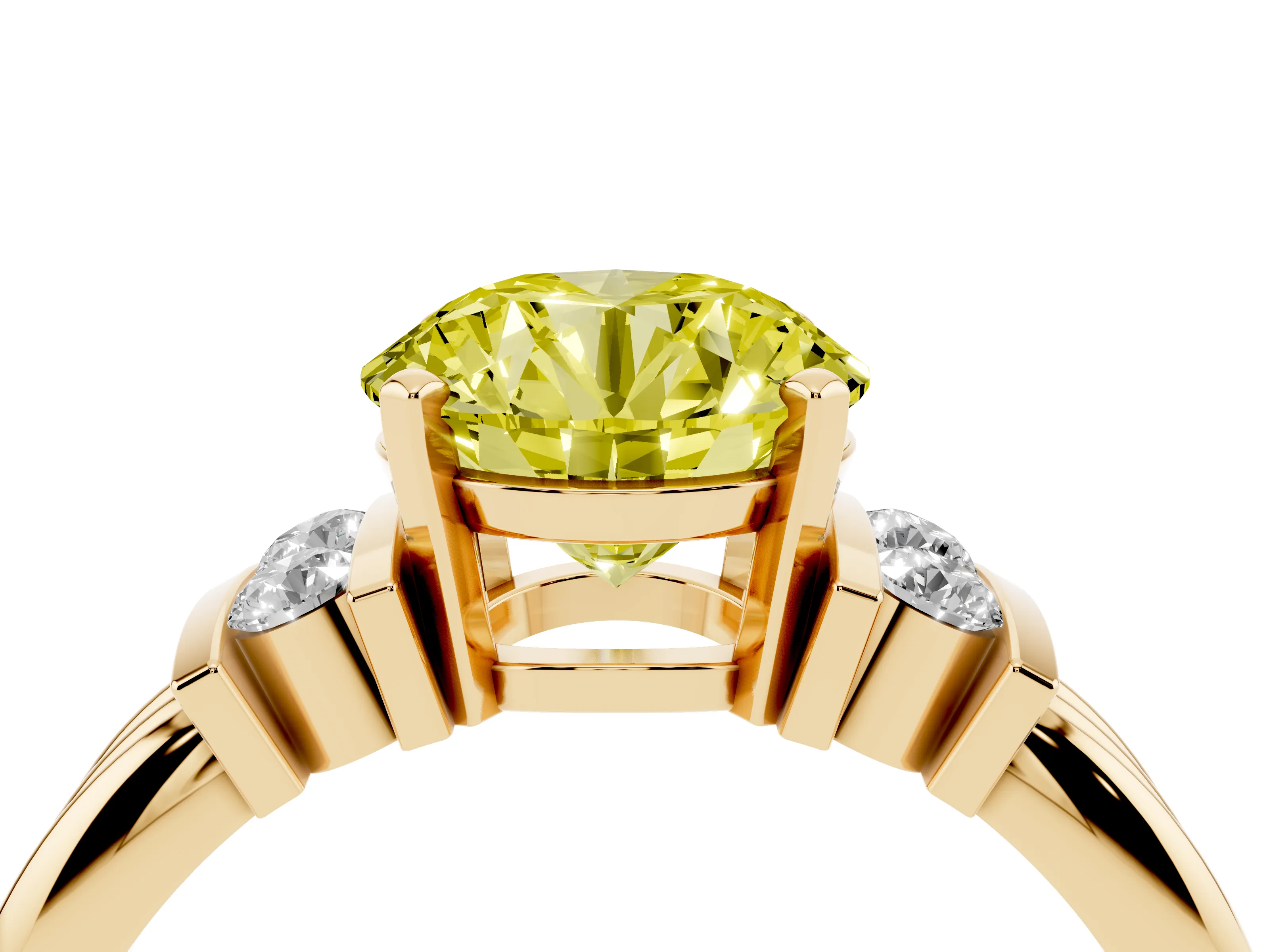 Fancy Yellow Three-Stone Round Cut Diamond Channel Set Ring Set in Yellow gold with Bar Prongs
