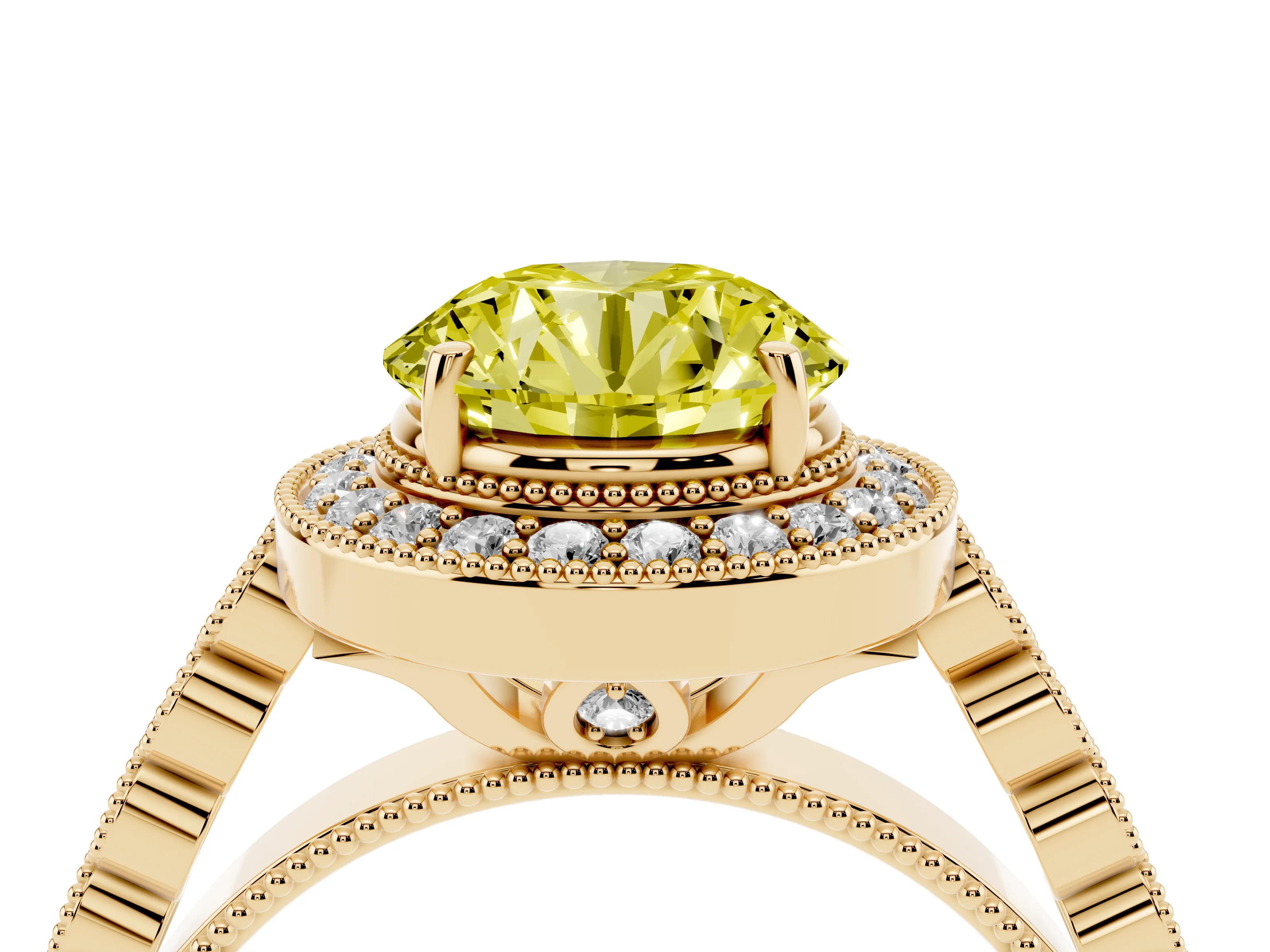 Fancy Yellow Round Cut Diamond Milgrain Halo Solitaire Ring Set in Yellow gold with Bezel Set Side Stones and Pavé Band
