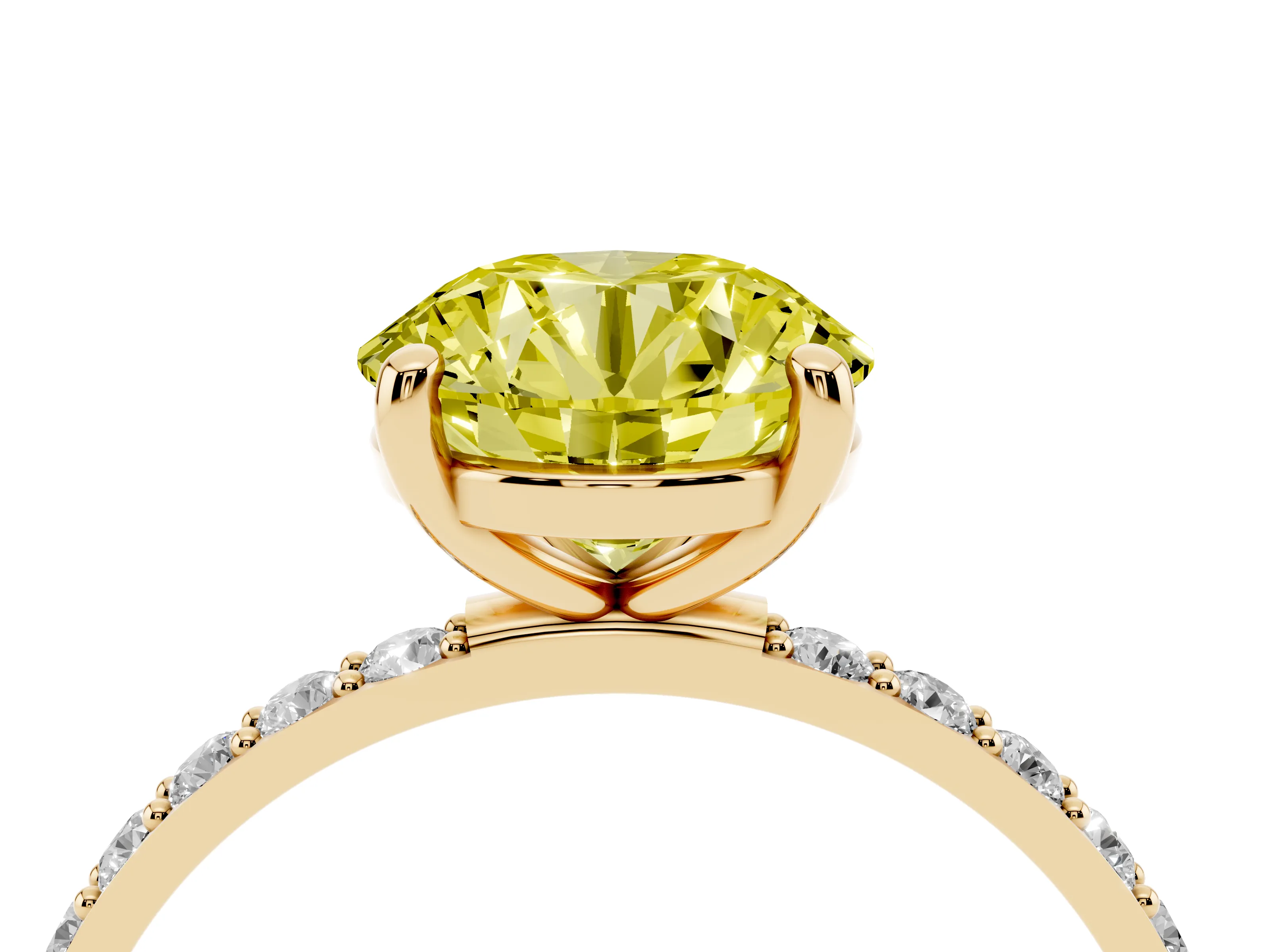 Fancy Yellow Round Cut Diamond Solitaire Ring Set in Yellow gold with Round Pavé Band and Prong Setting