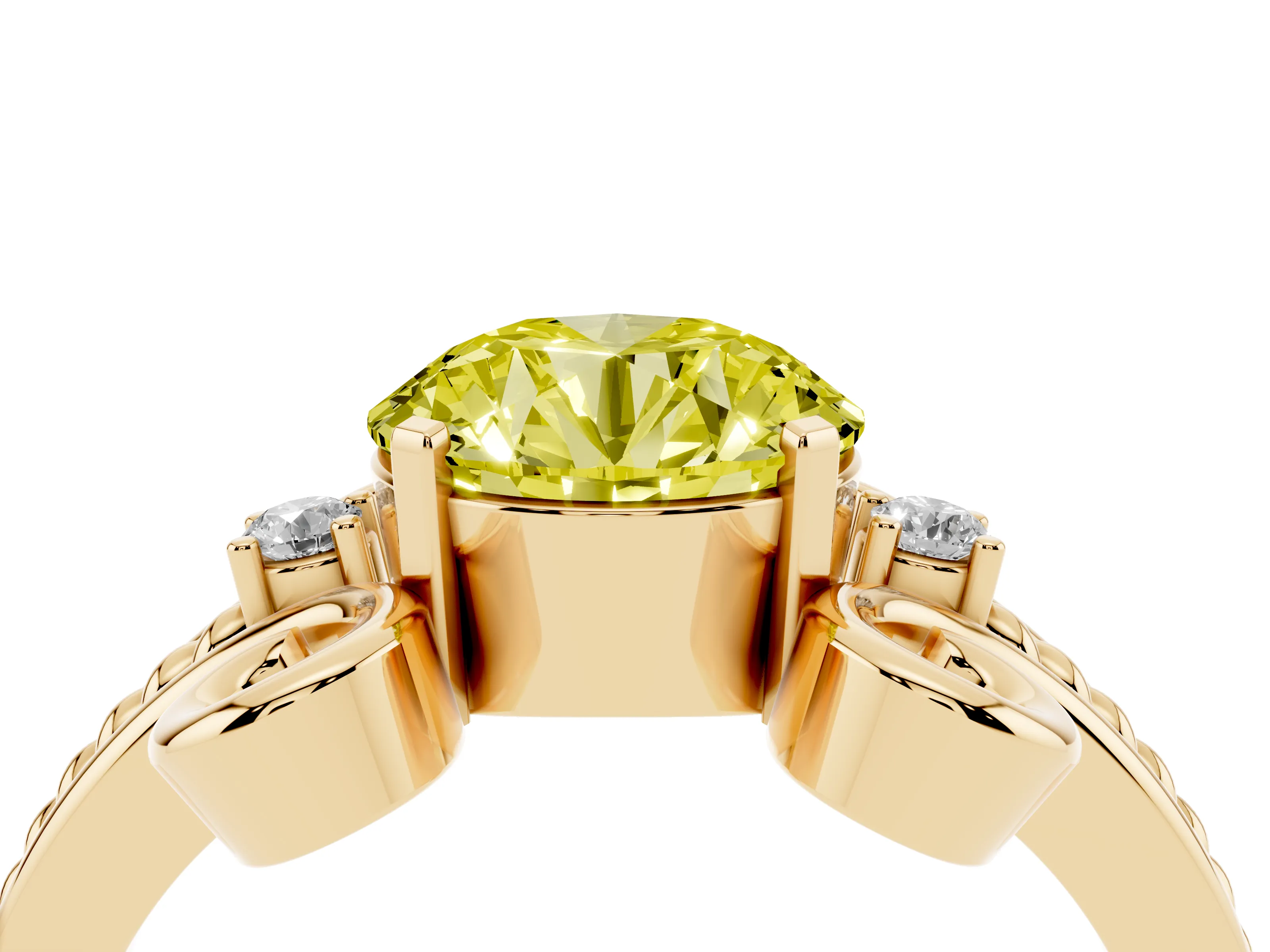 Fancy Yellow Round Cut Diamond Twisted Band Solitaire Ring Set in Yellow gold with Scroll Prongs
