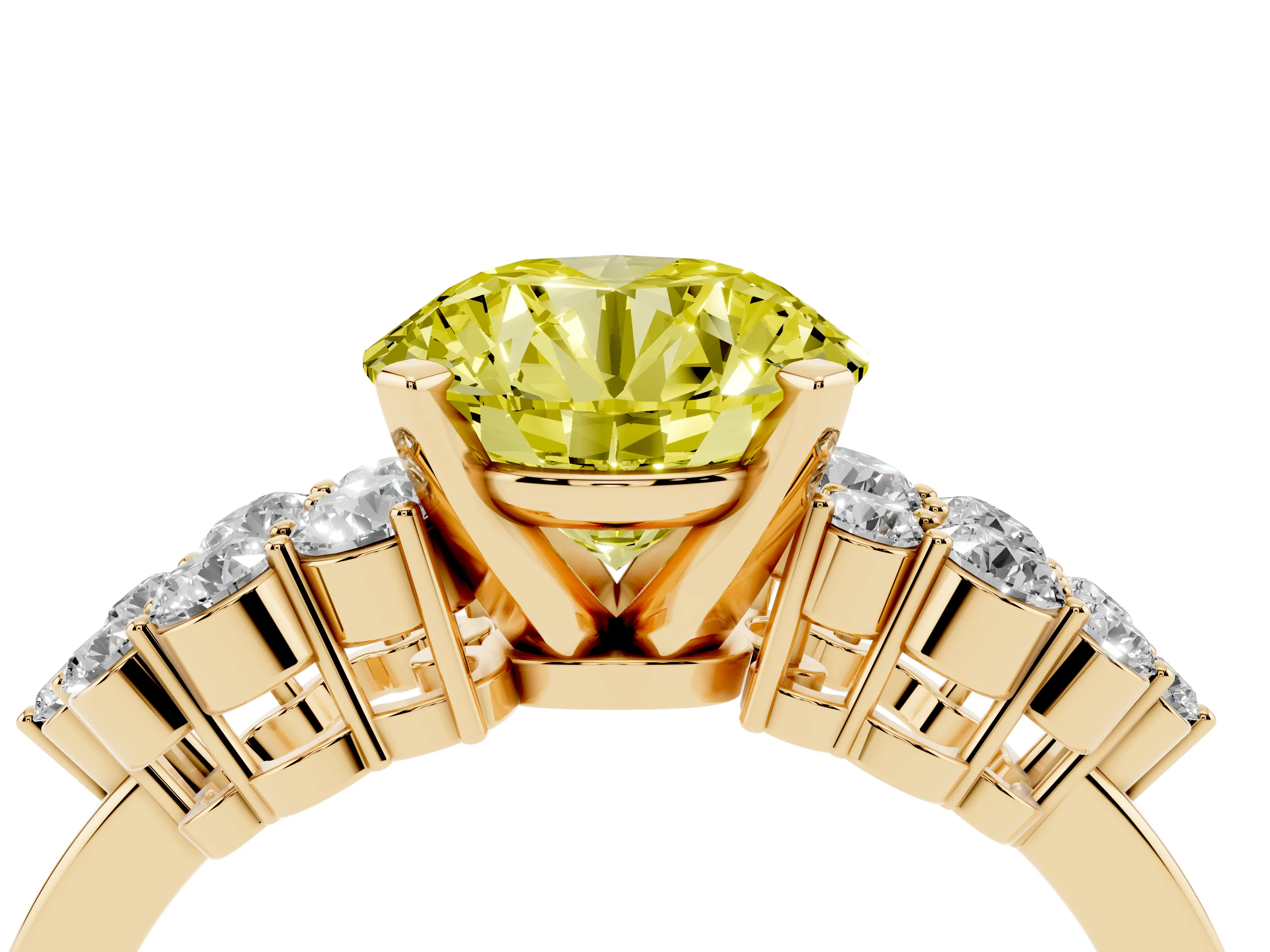 Fancy Yellow Round Cut Diamond Cluster Engagement Ring Set in Yellow gold with Pavé Band and Prong Setting