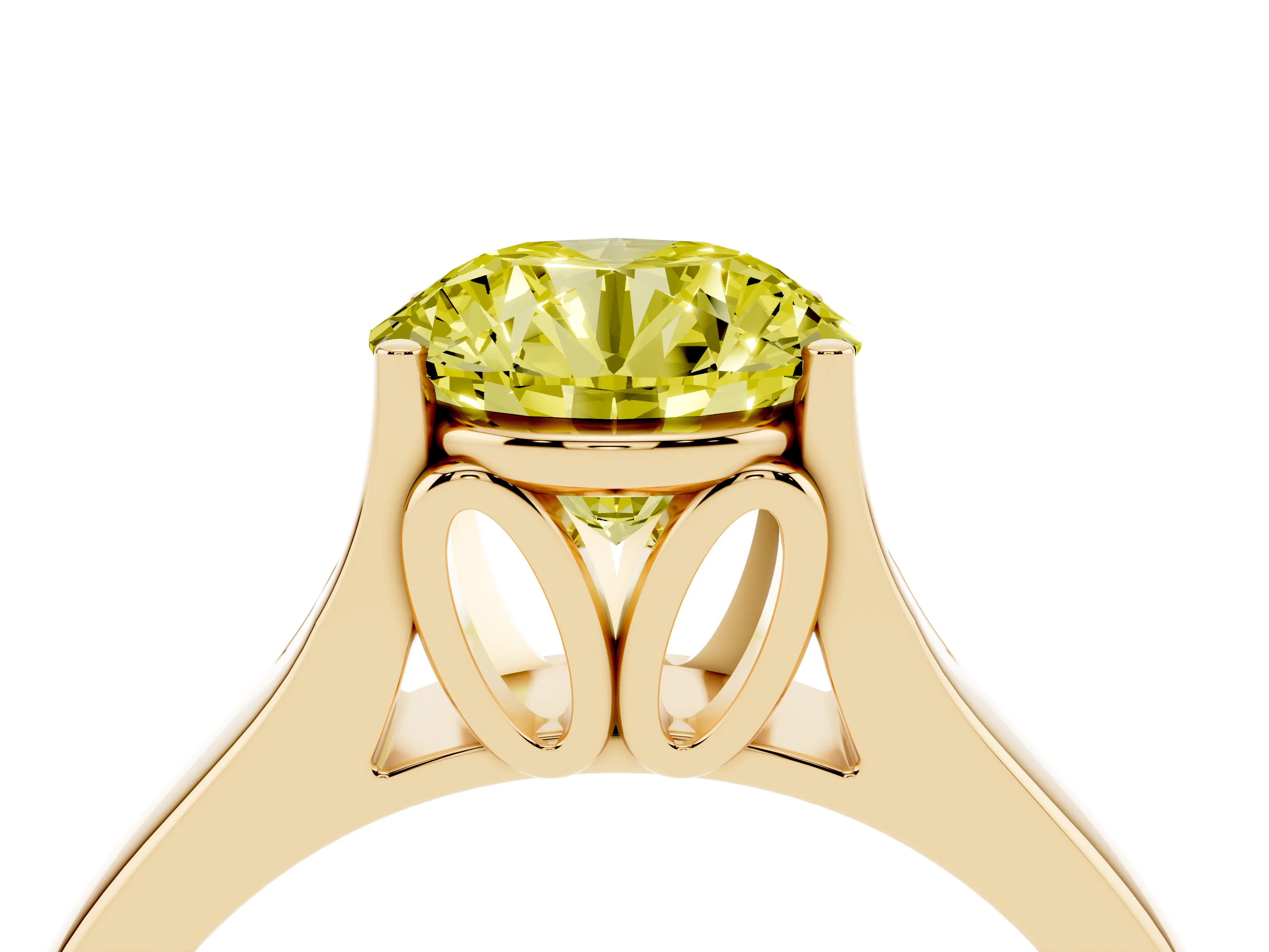 Fancy Yellow Round Cut Diamond Solitaire Ring Set in Yellow gold with Arched Cathedral Band and Prong Setting