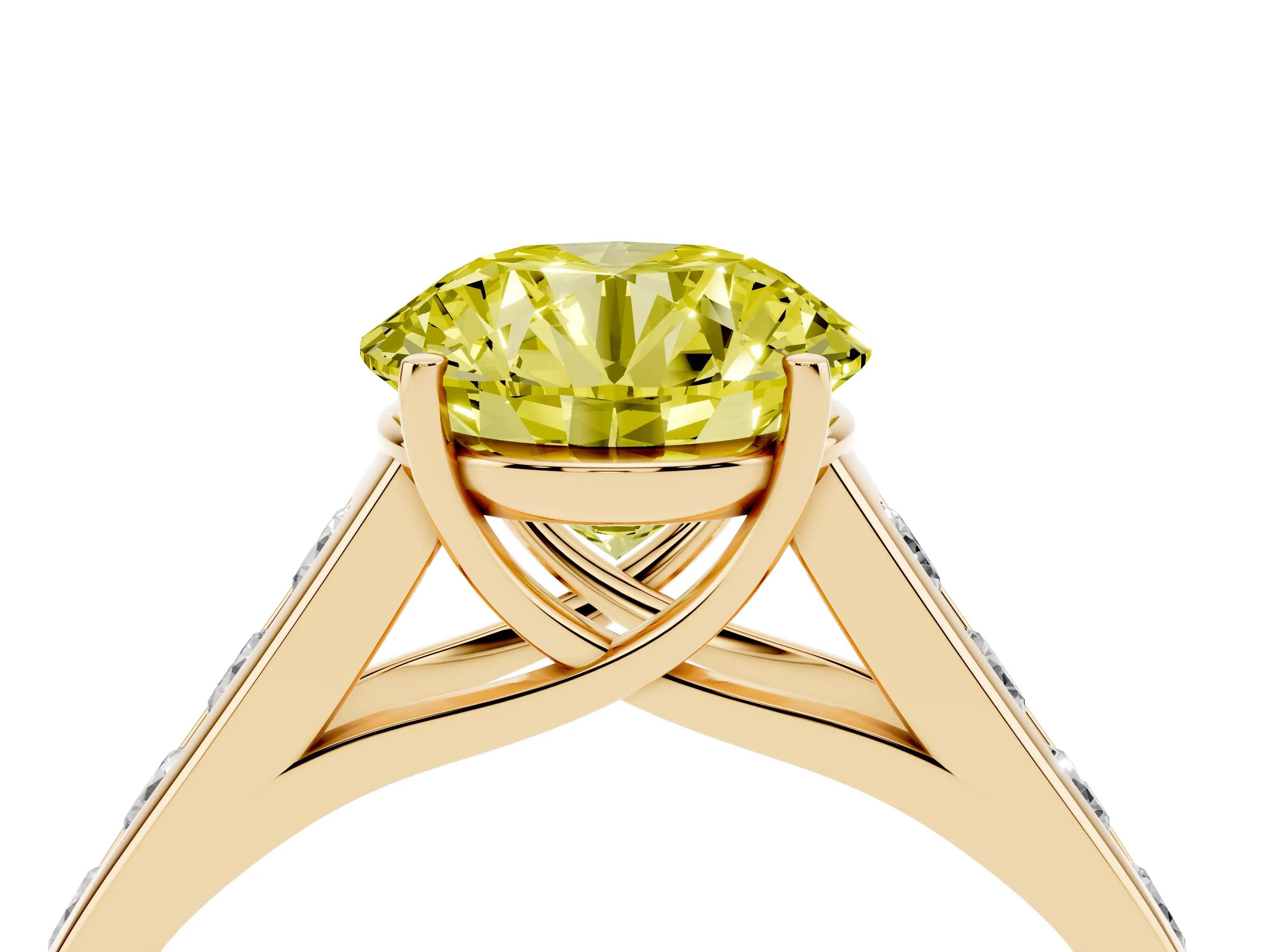 Fancy Yellow Round Cut Diamond Solitaire Channel-Set Engagement Ring Set in Yellow gold with Prong Setting