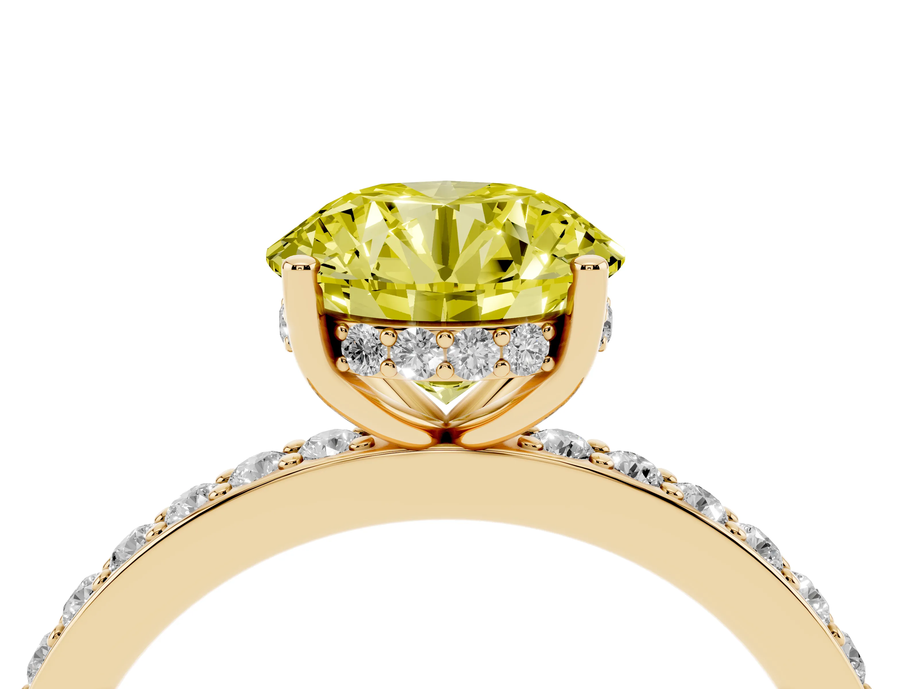 Fancy Yellow Round Cut Diamond Pavé Band Ring Set in Yellow gold with Prong-Set Center Stone