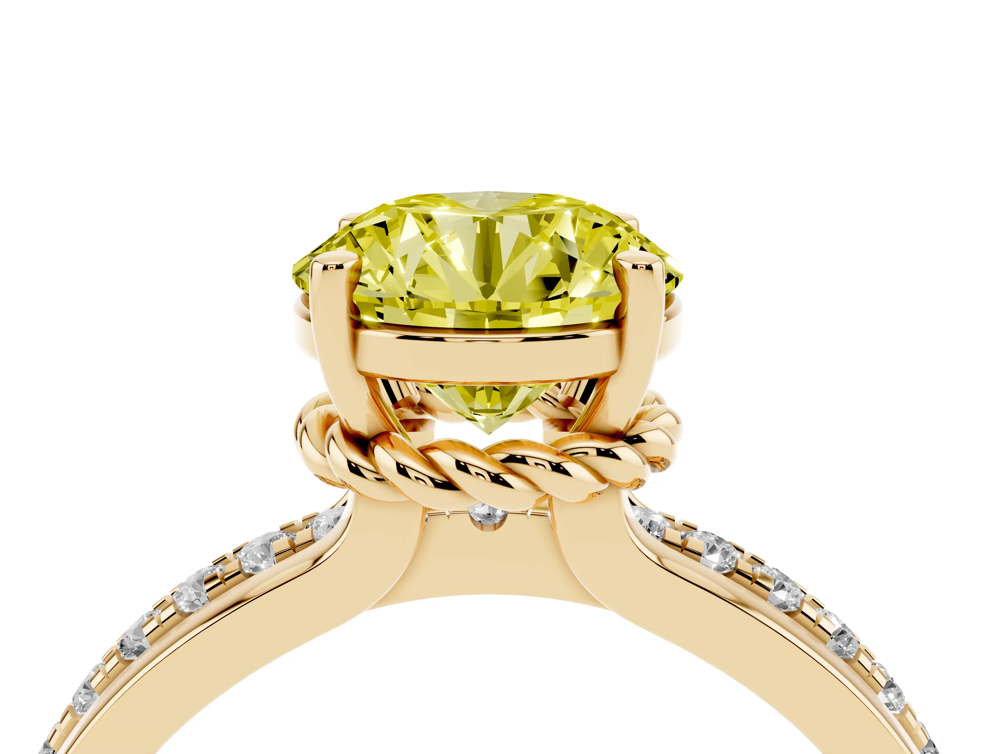 Fancy Yellow Round Cut Diamond Solitaire Ring Set in Yellow gold with Channel Set Band and Prong Setting