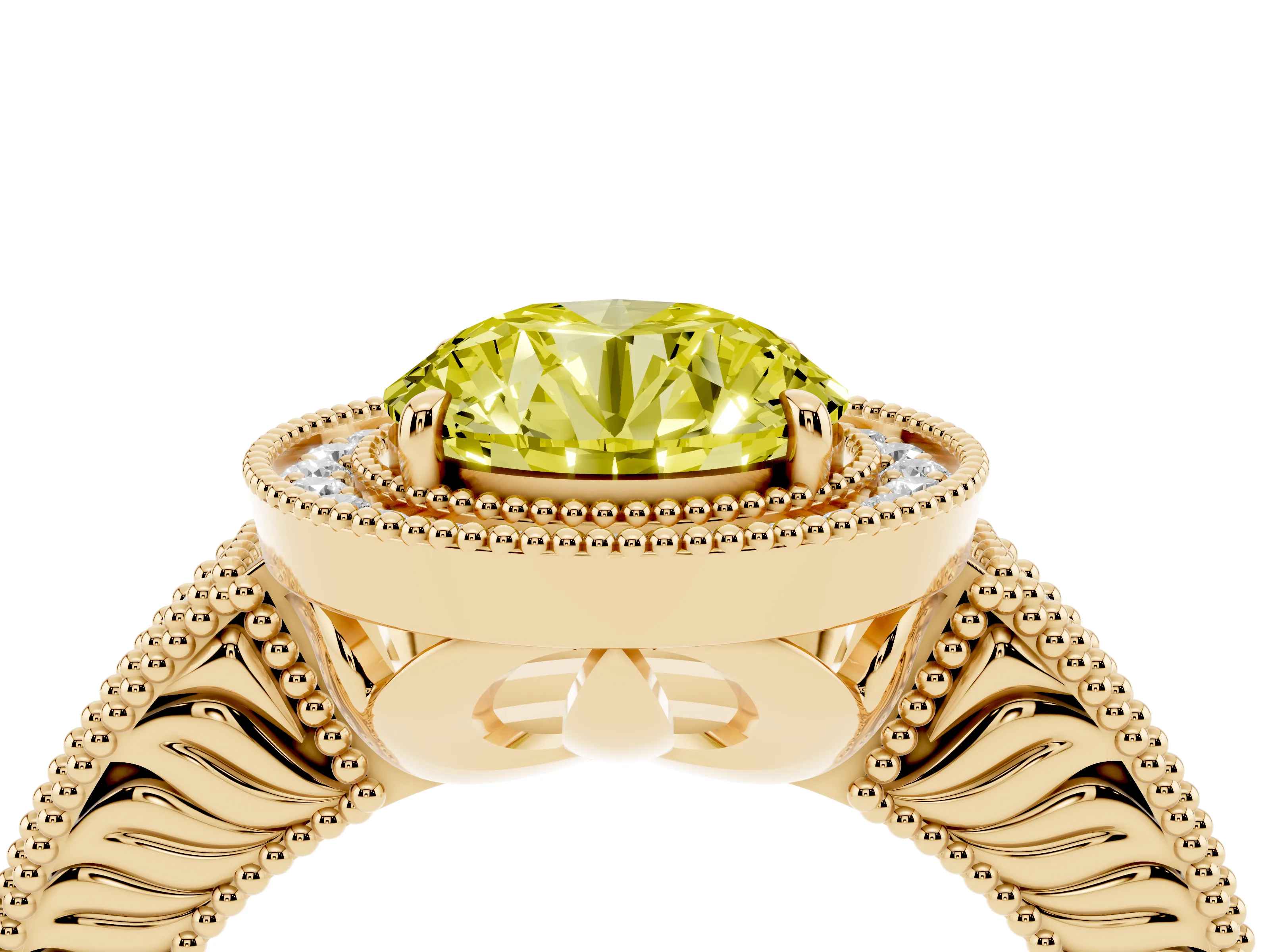 Fancy Yellow Round Cut Diamond Halo Ring Set in Yellow gold with Round Accent Halo, Pavé Band and Prong Setting