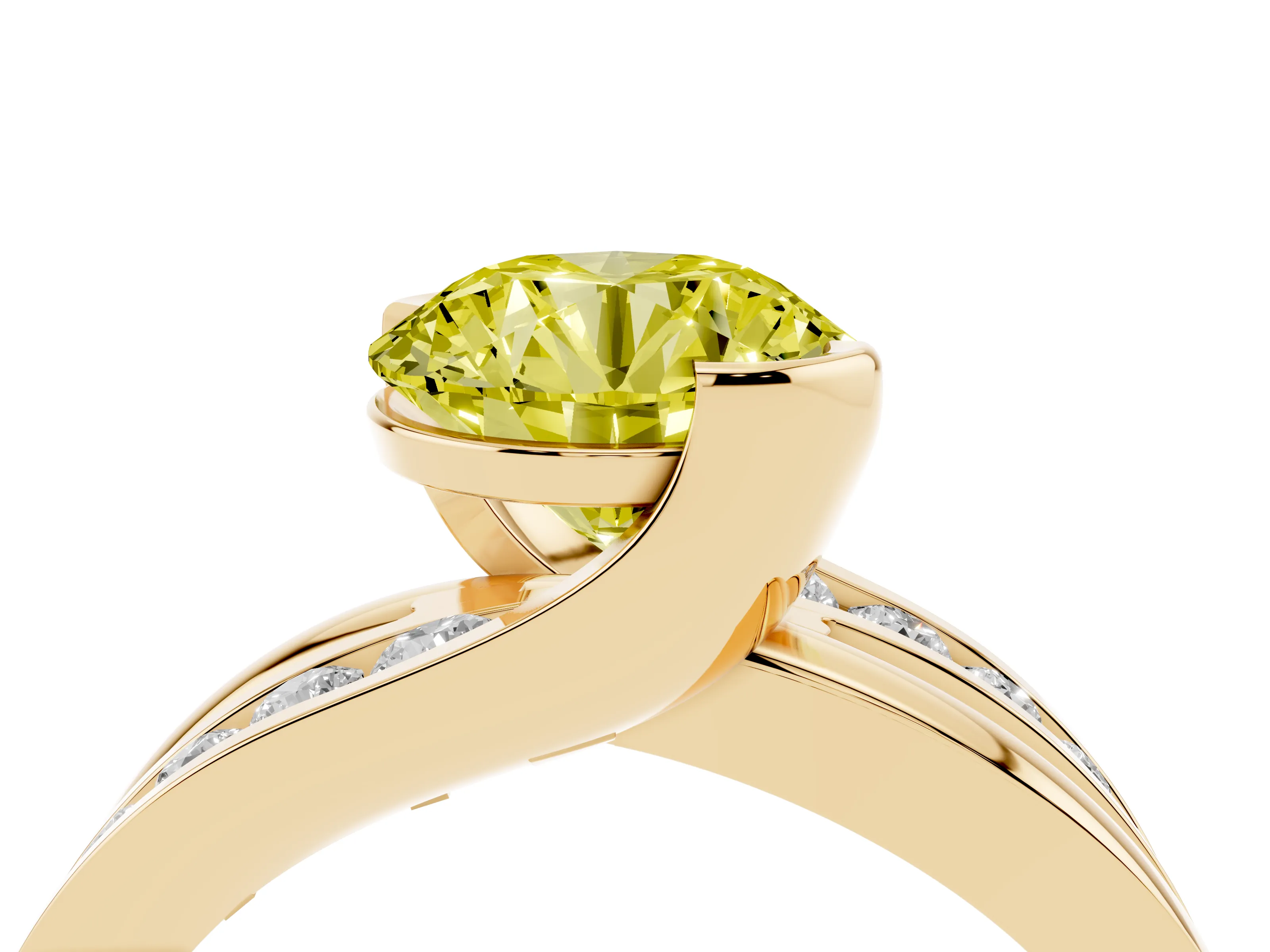 Fancy Yellow Round Cut Diamond Solitaire Ring Set in Yellow gold with Channel Set Split Shank and Tension Prongs