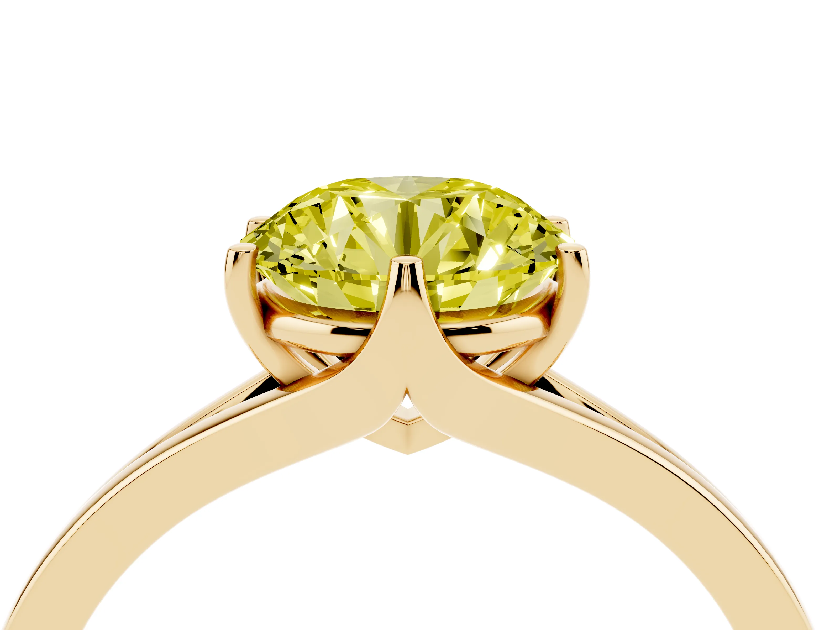 Fancy Yellow Round Cut Diamond Solitaire Ring Set in Yellow gold with Polished Tapered Band and Prong Setting