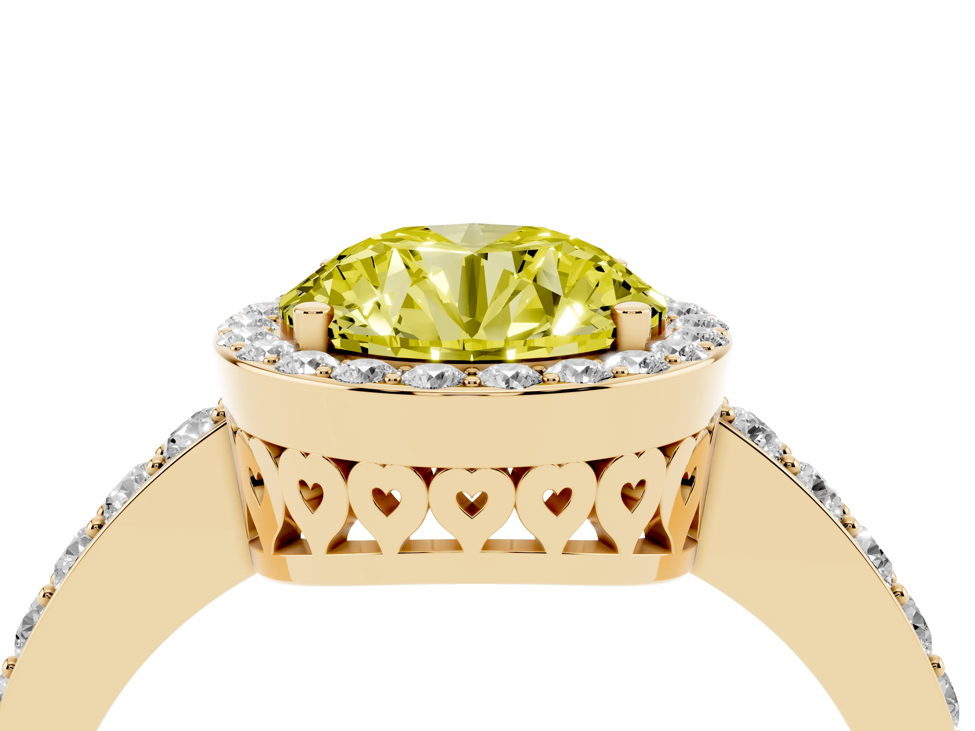 Fancy Yellow Round Cut Diamond Halo Ring Set in Yellow gold with Pavé-Setting Band and Open Prong Center