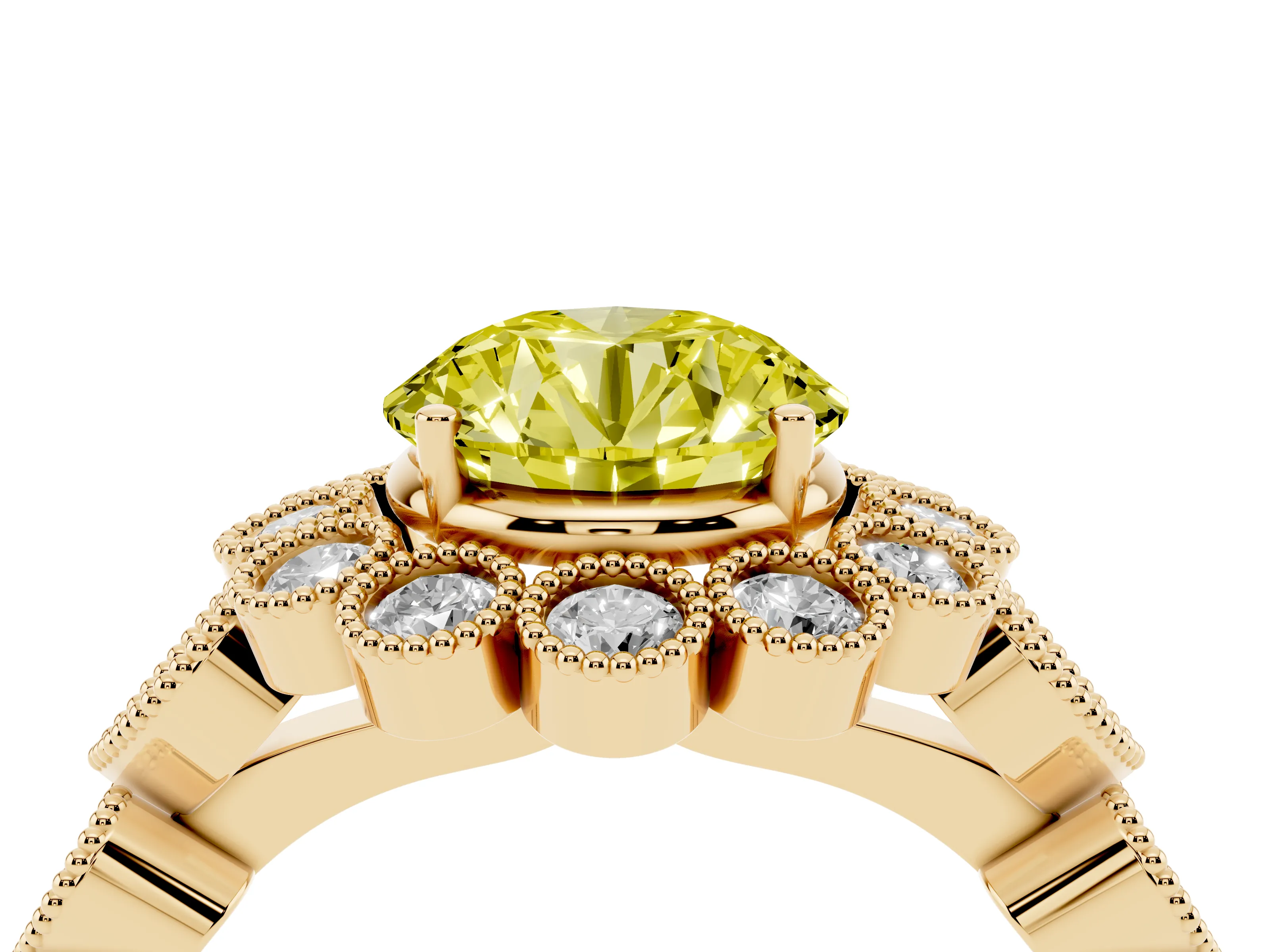 Fancy Yellow Round Cut Diamond Solitaire Ring Set in Yellow gold with Milgrain Pavé Heart Band