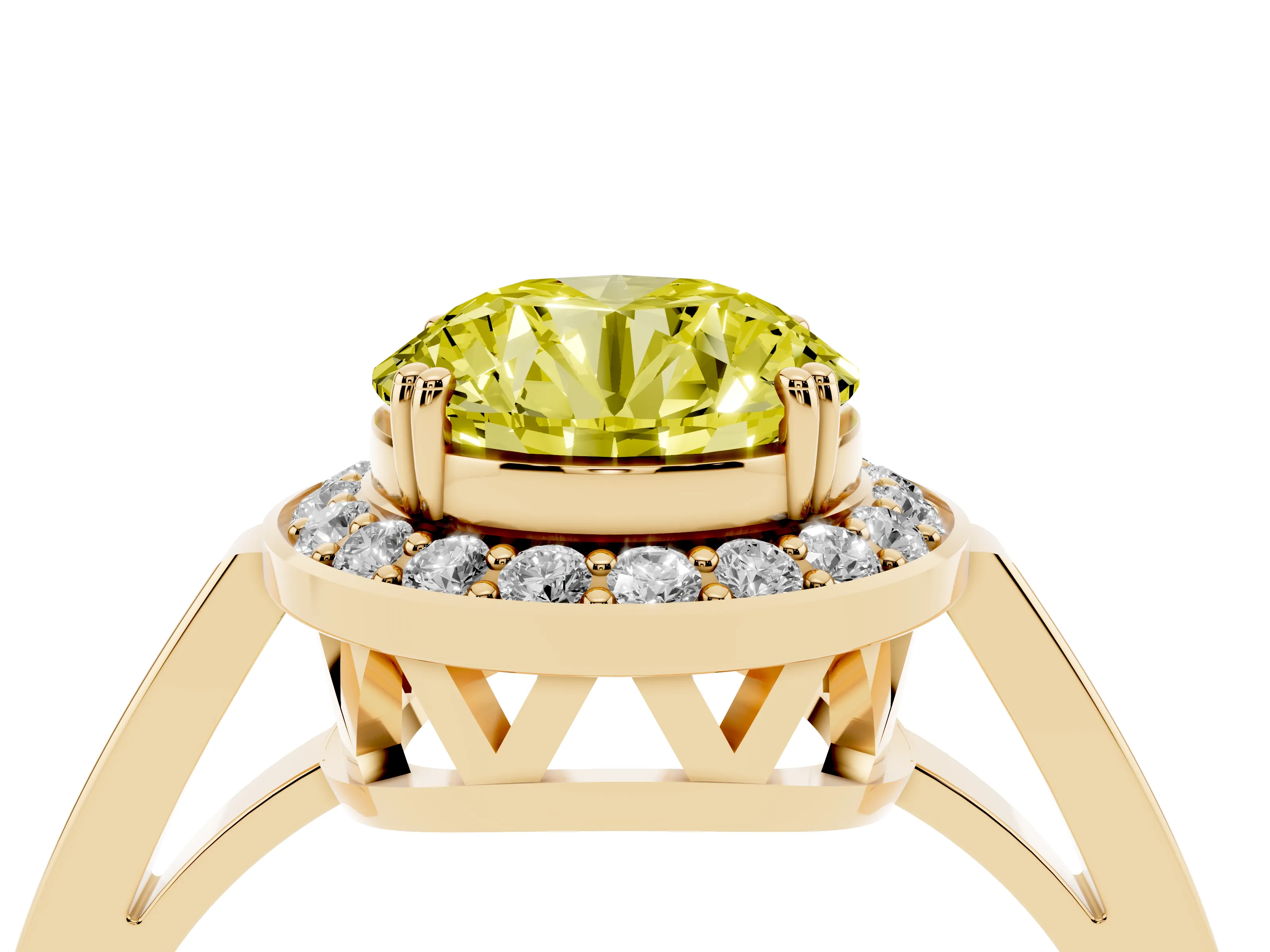 Fancy Yellow Round Cut Diamond Halo Ring Set in Yellow gold with Accent-Lined Split Shank and Prong Setting