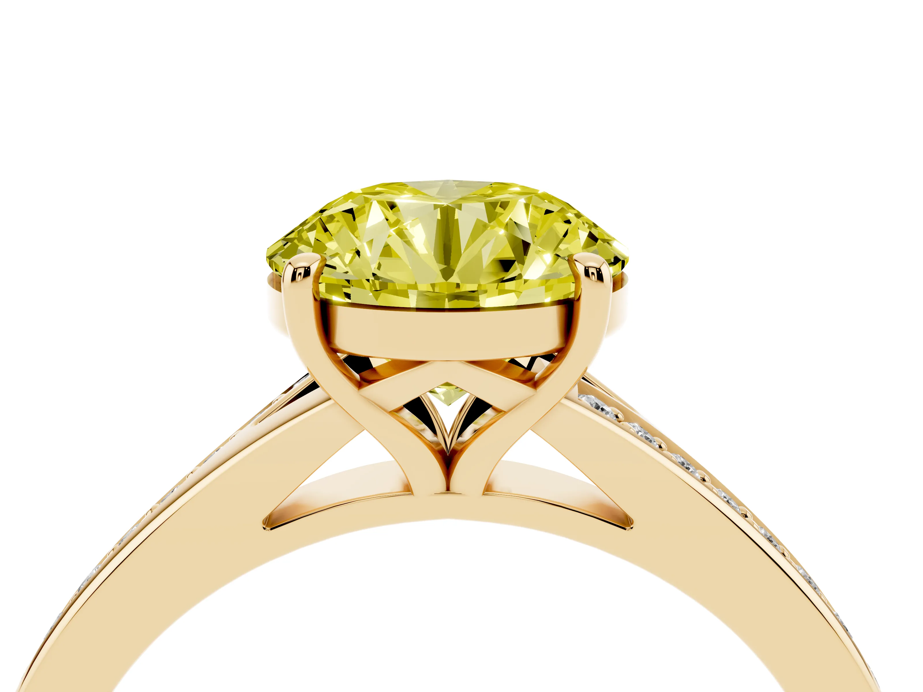 Fancy Yellow Round Cut Diamond Solitaire Ring Set in Yellow gold with Pavé Accent Band and Classic Prong Setting