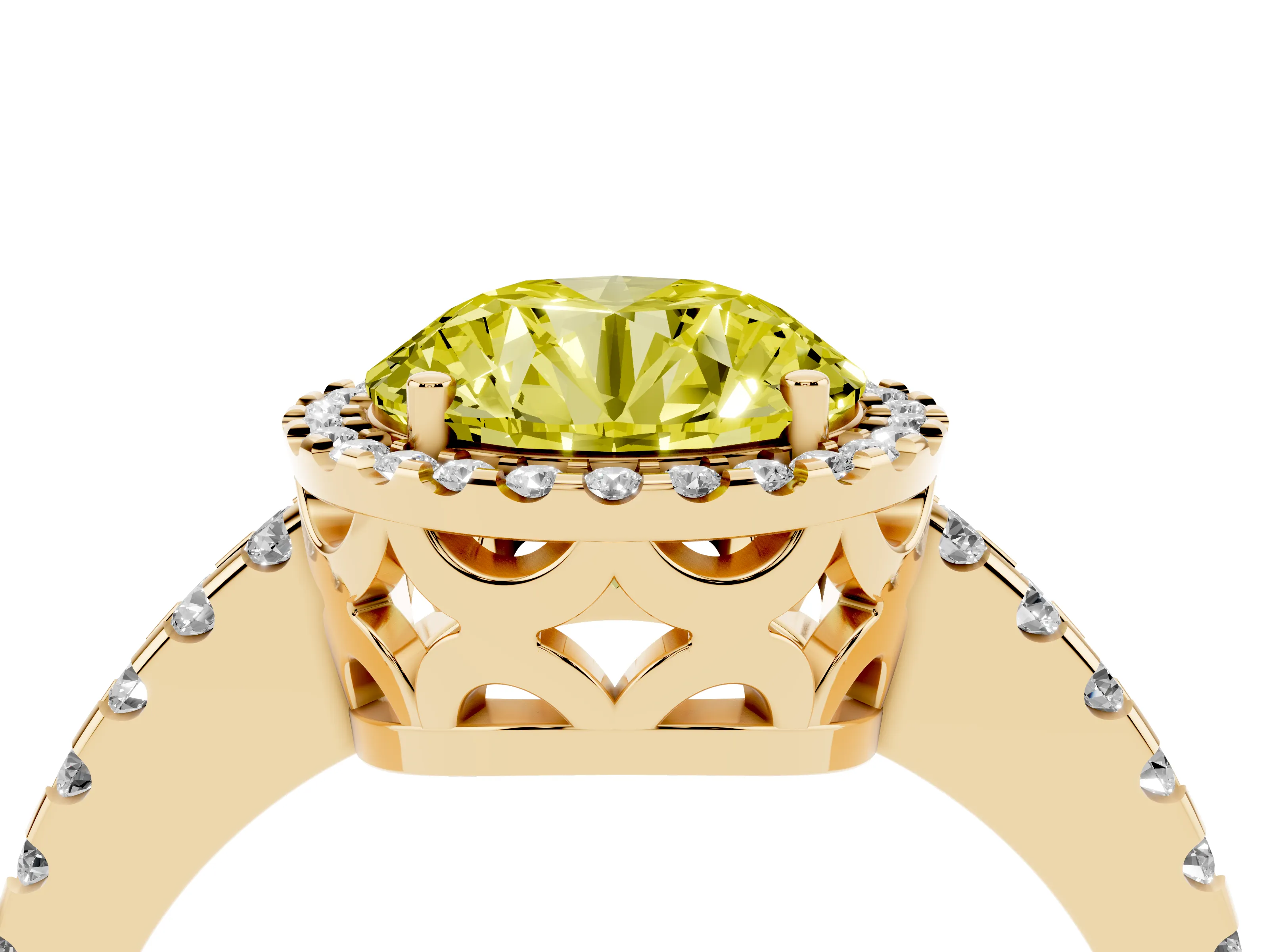 Fancy Yellow Round Cut Diamond Halo Ring Set in Yellow gold with Pavé Shoulders and Halo-Framed Center
