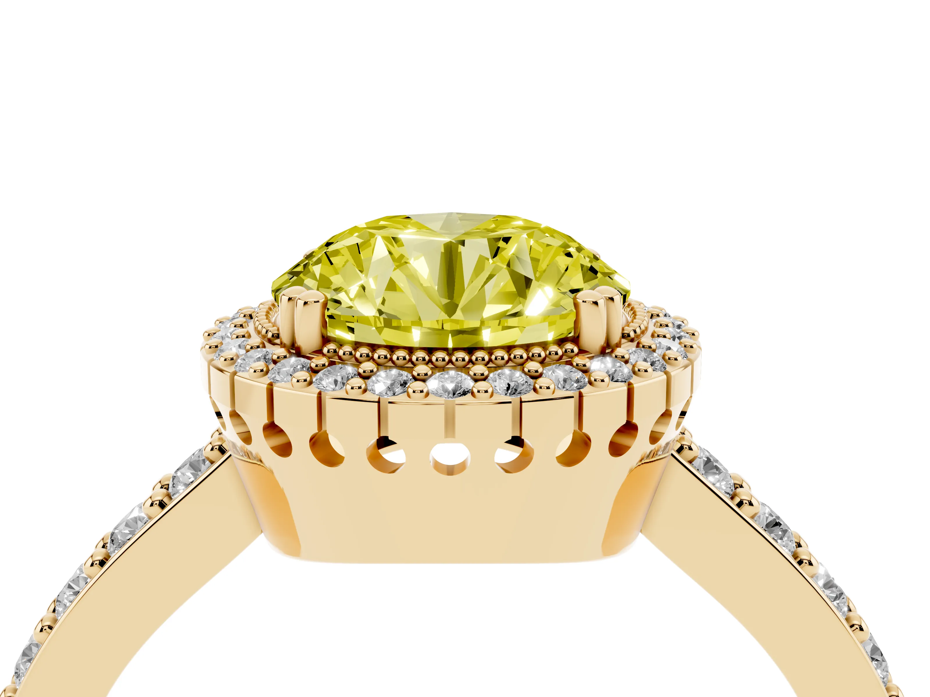Fancy Yellow Round Cut Diamond Halo Engagement Ring Set in Yellow gold with Milgrain Detail and Pavé Band