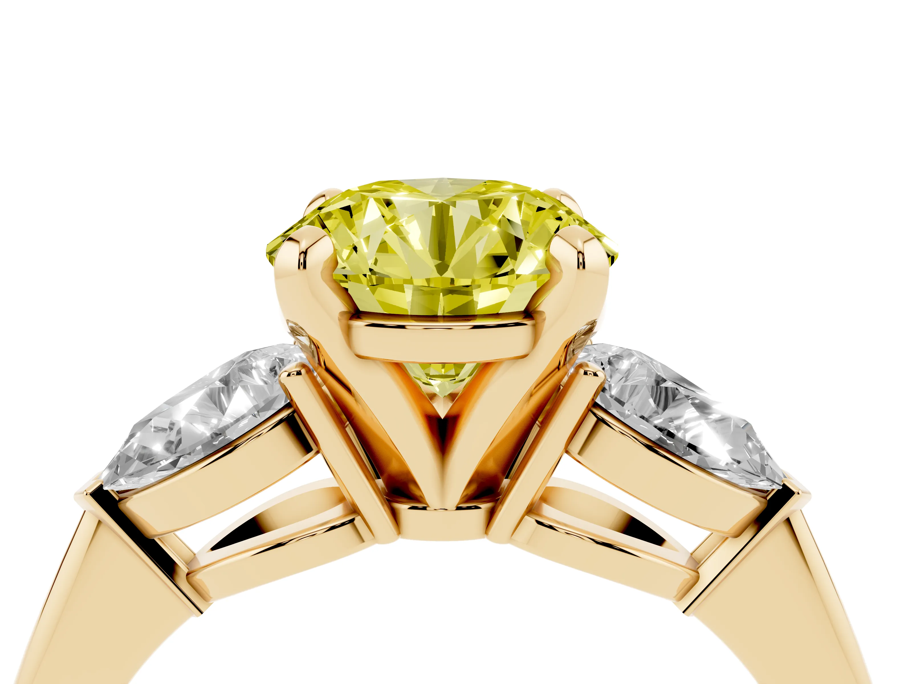 Fancy Yellow Three-Stone Round Cut Diamond Ring Set in Yellow gold with Pear Side Stones and Prong Setting