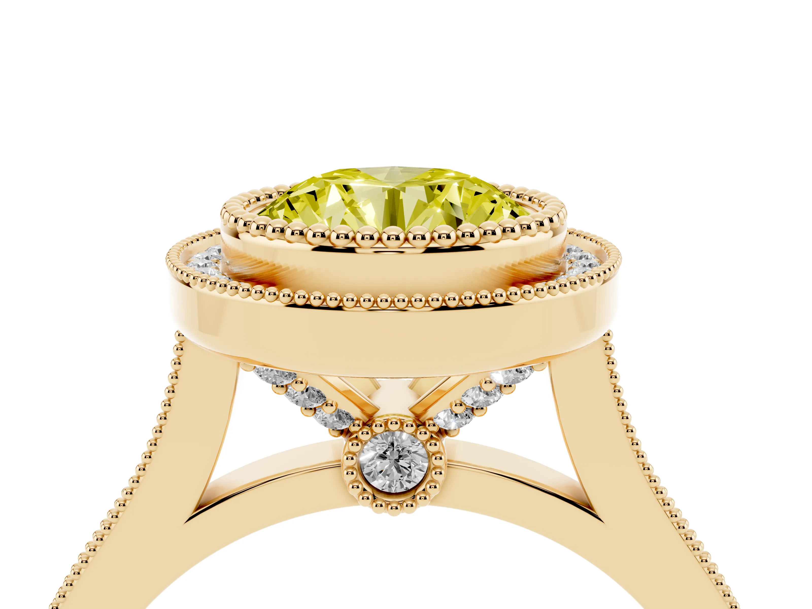Fancy Yellow Round Cut Diamond Halo Ring Set in Yellow gold with Milgrain Frame and Pavé Band