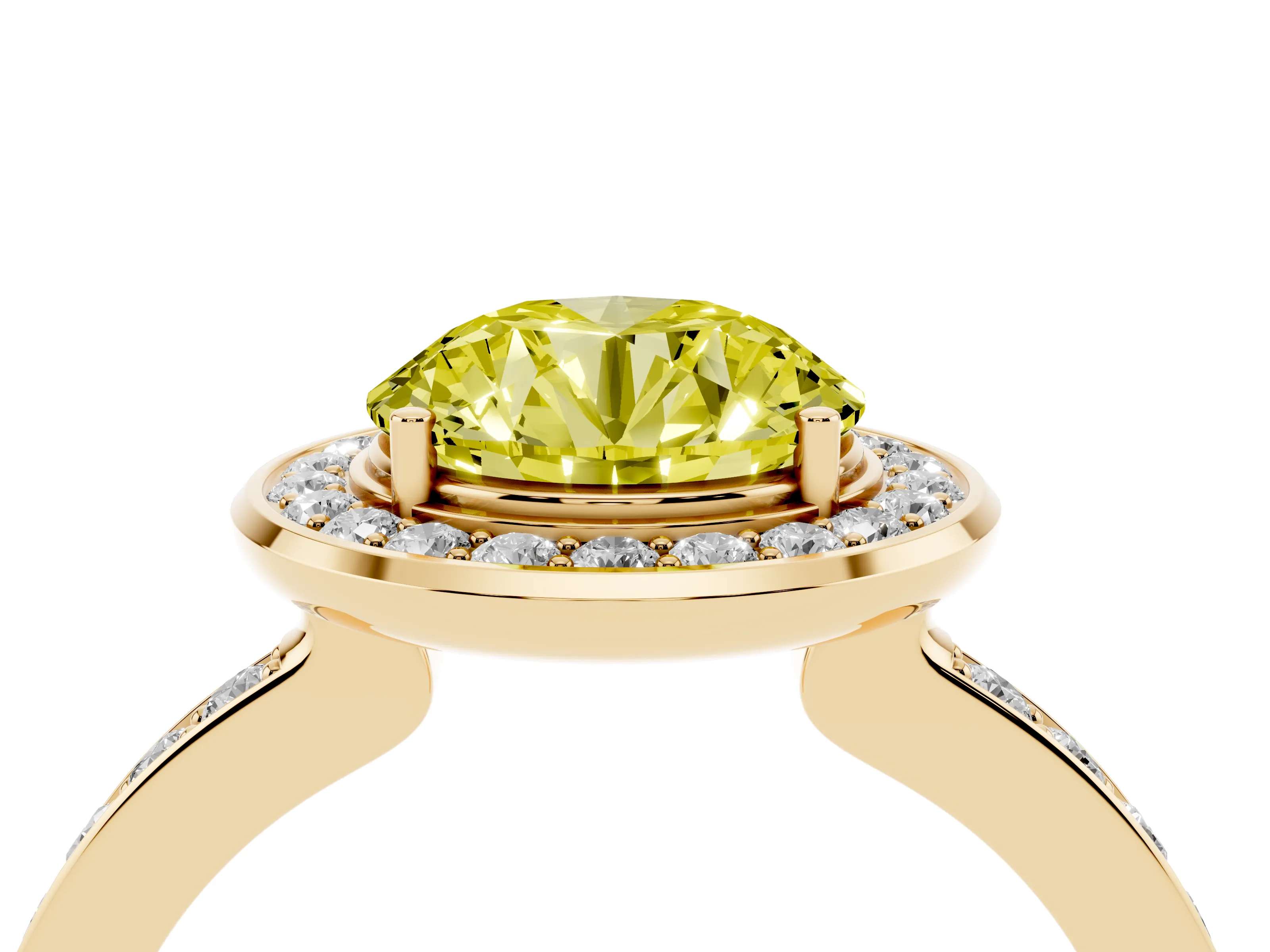Fancy Yellow Round Cut Diamond Halo Ring Set in Yellow gold with Bezel Frame and Pavé Band