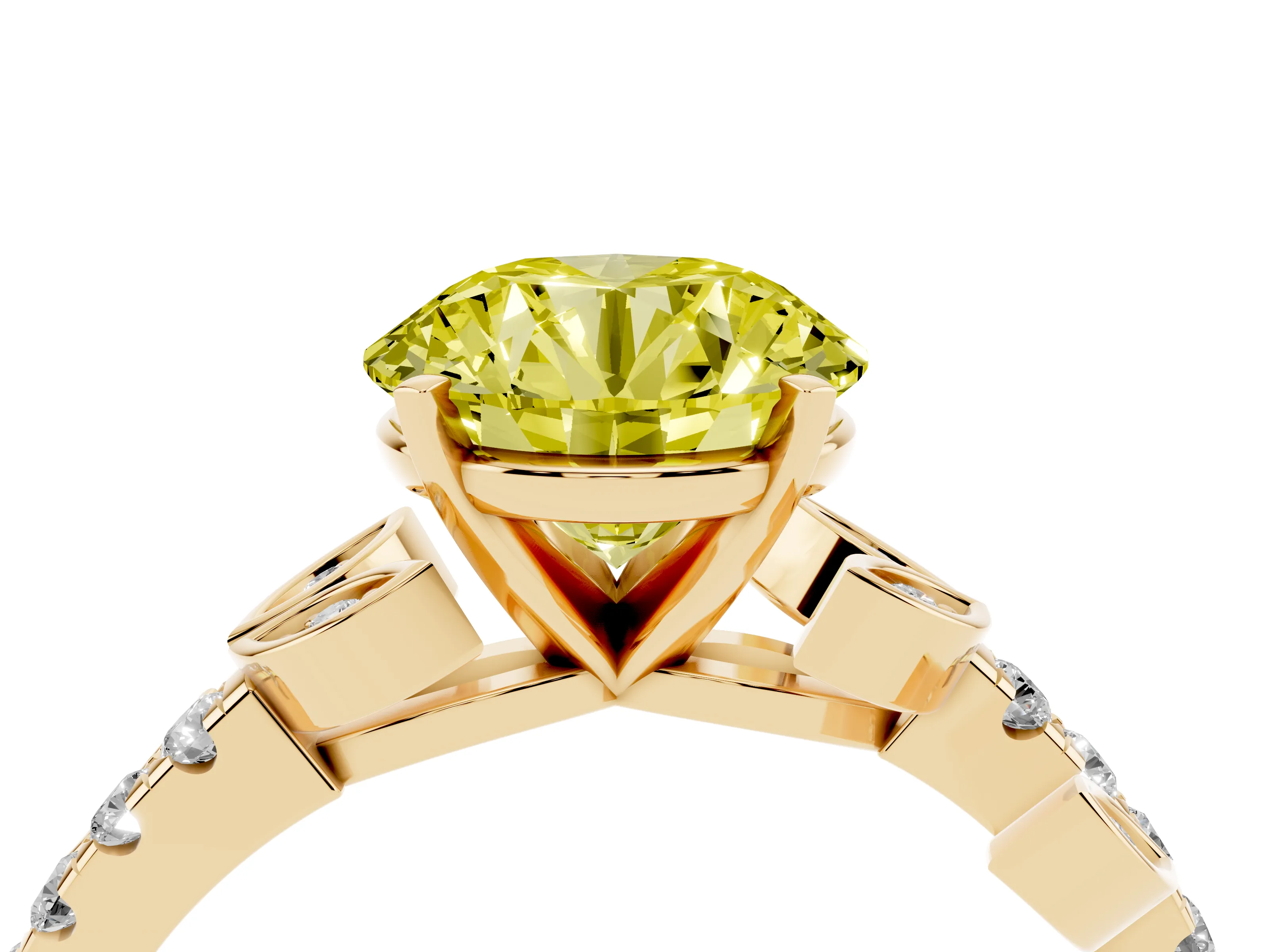 Fancy Yellow Round Cut Diamond Solitaire Leaf-Inspired Ring Set in Yellow gold with Pavé Band and Prong Setting