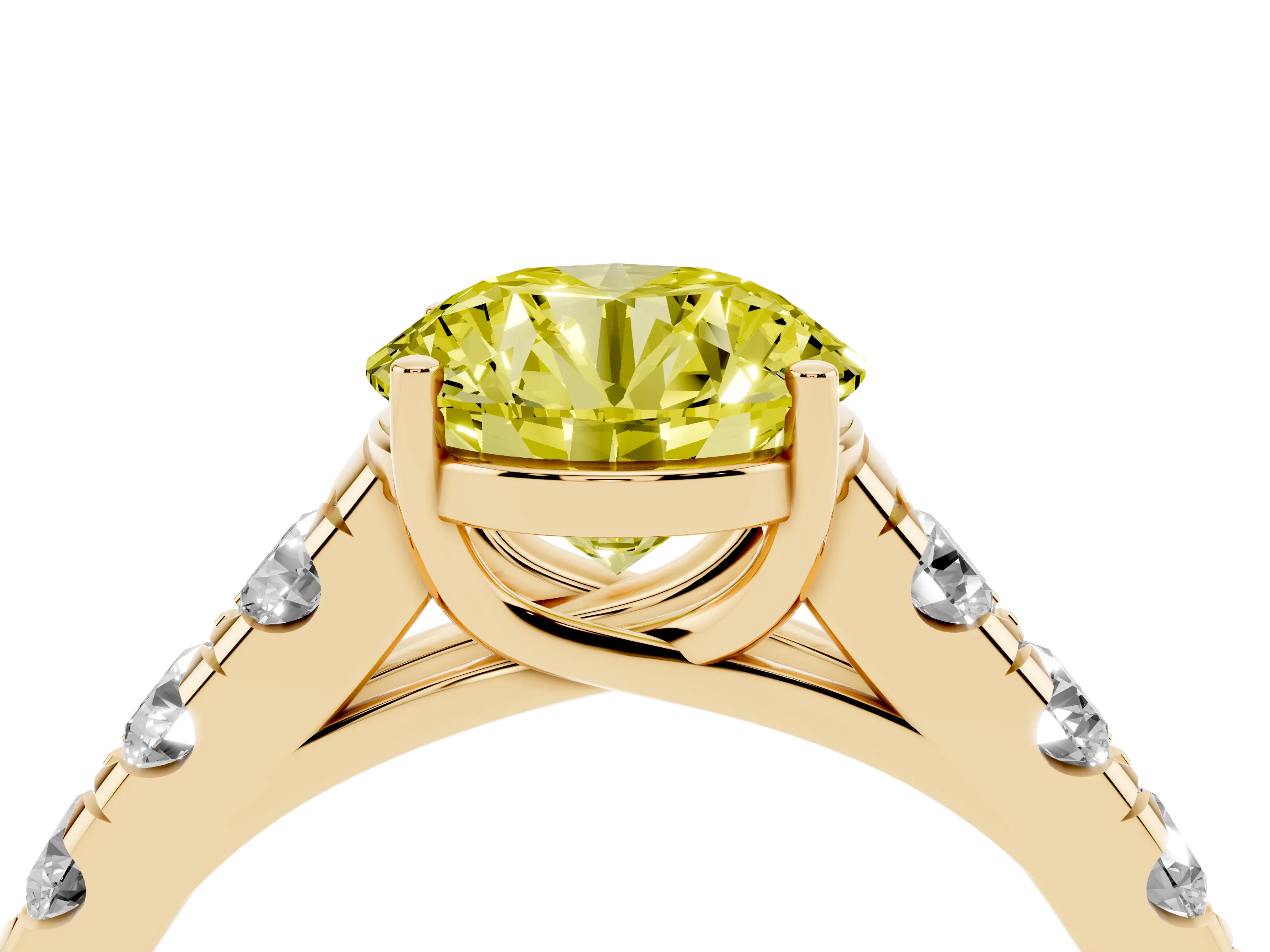 Fancy Yellow Round Cut Diamond Solitaire Ring Set in Yellow gold with Cut-Down Micro Pavé Band and Prong Setting