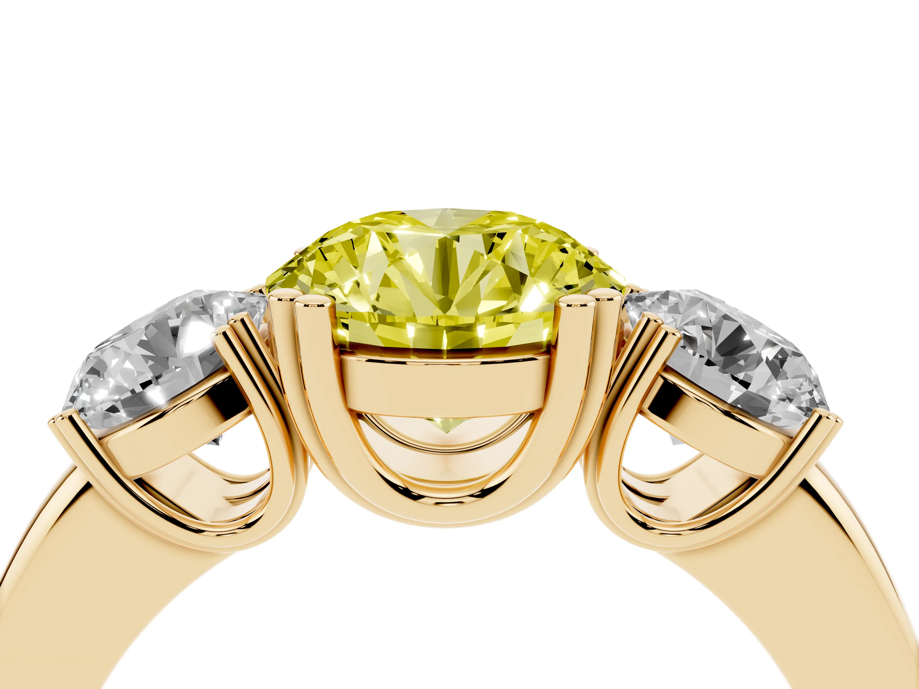 Fancy Yellow Round Cut Diamond Three-Stone Ring Set in Yellow gold with Polished Channel-Set Band