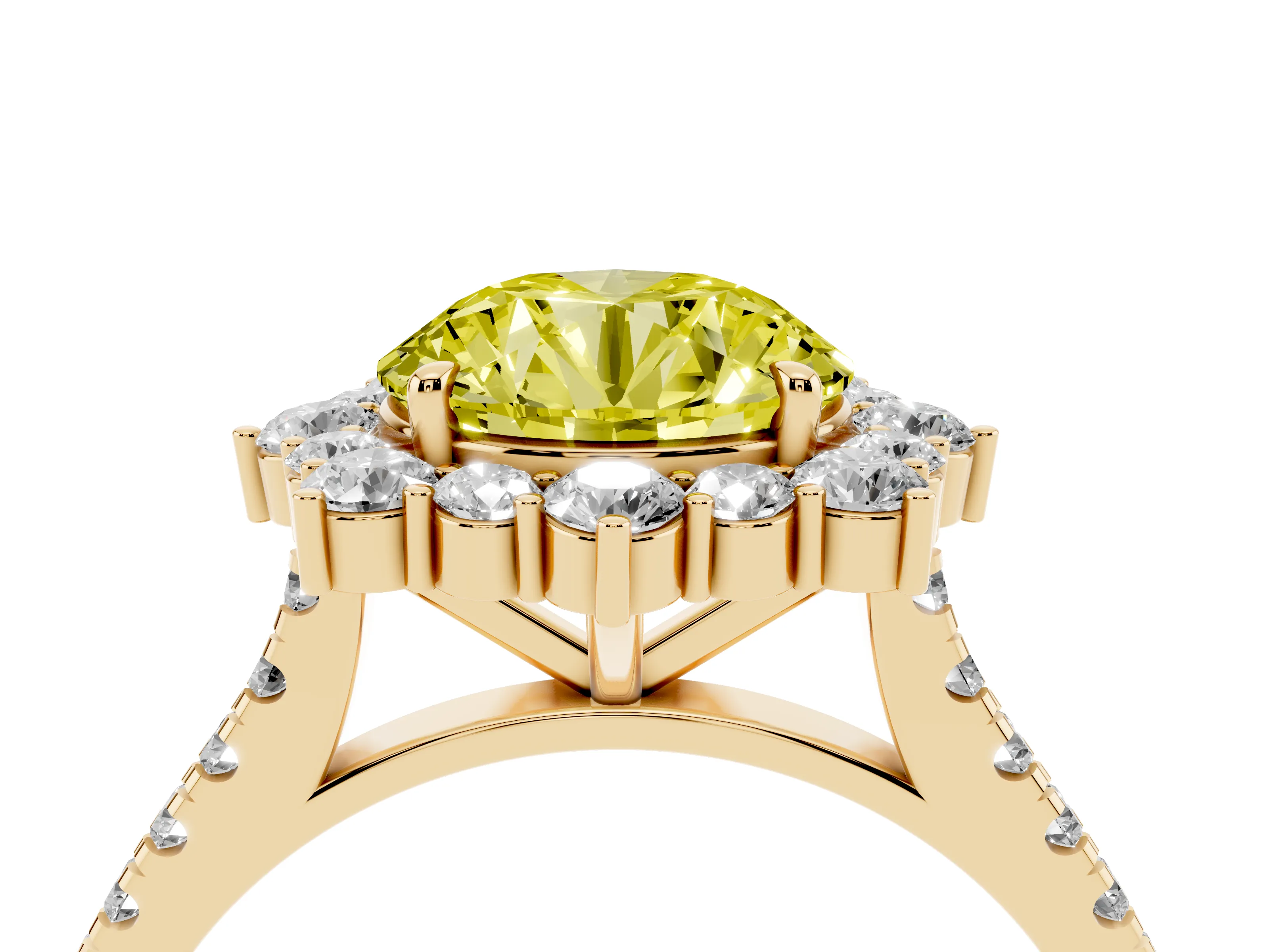 Fancy Yellow Round Cut Diamond Halo Ring Set in Yellow gold with Pavé Band and Prong Setting