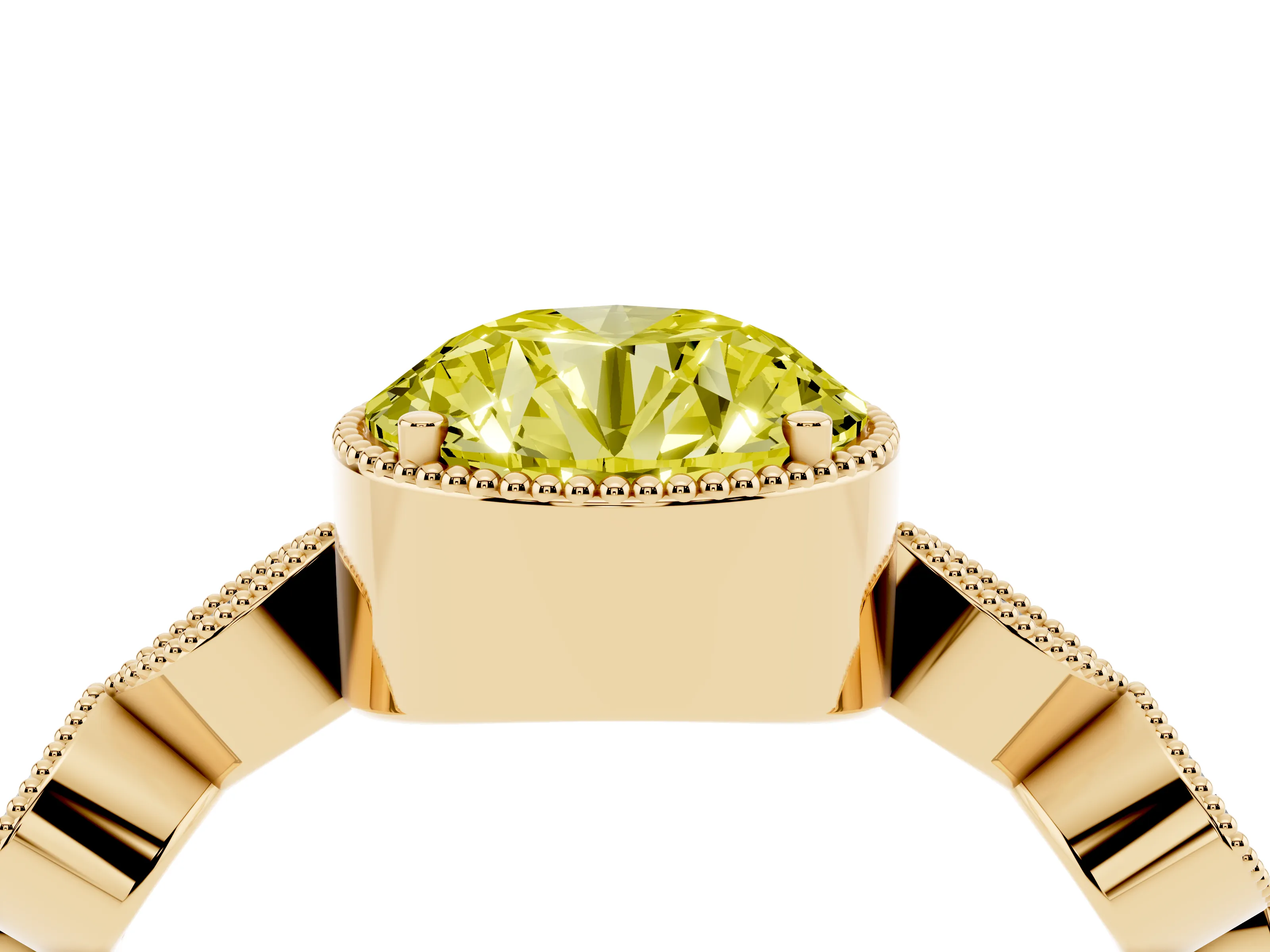 Fancy Yellow Round Cut Diamond Vintage-Inspired Milgrain Ring Set in Yellow gold with Marquise Stations of Round Accents