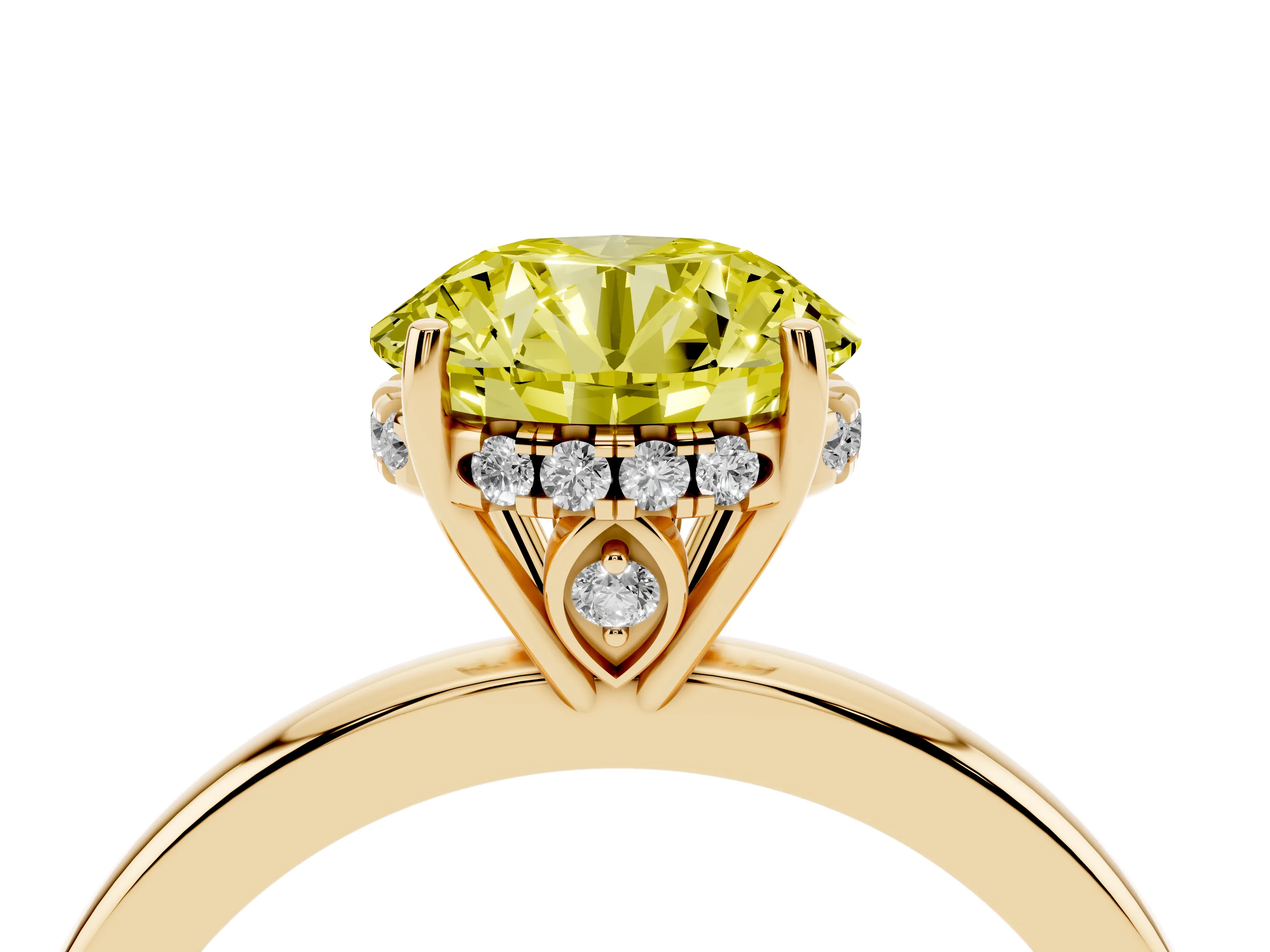 Fancy Yellow Round Cut Diamond Solitaire Ring Set in Yellow gold with Plain Band and Prong Setting