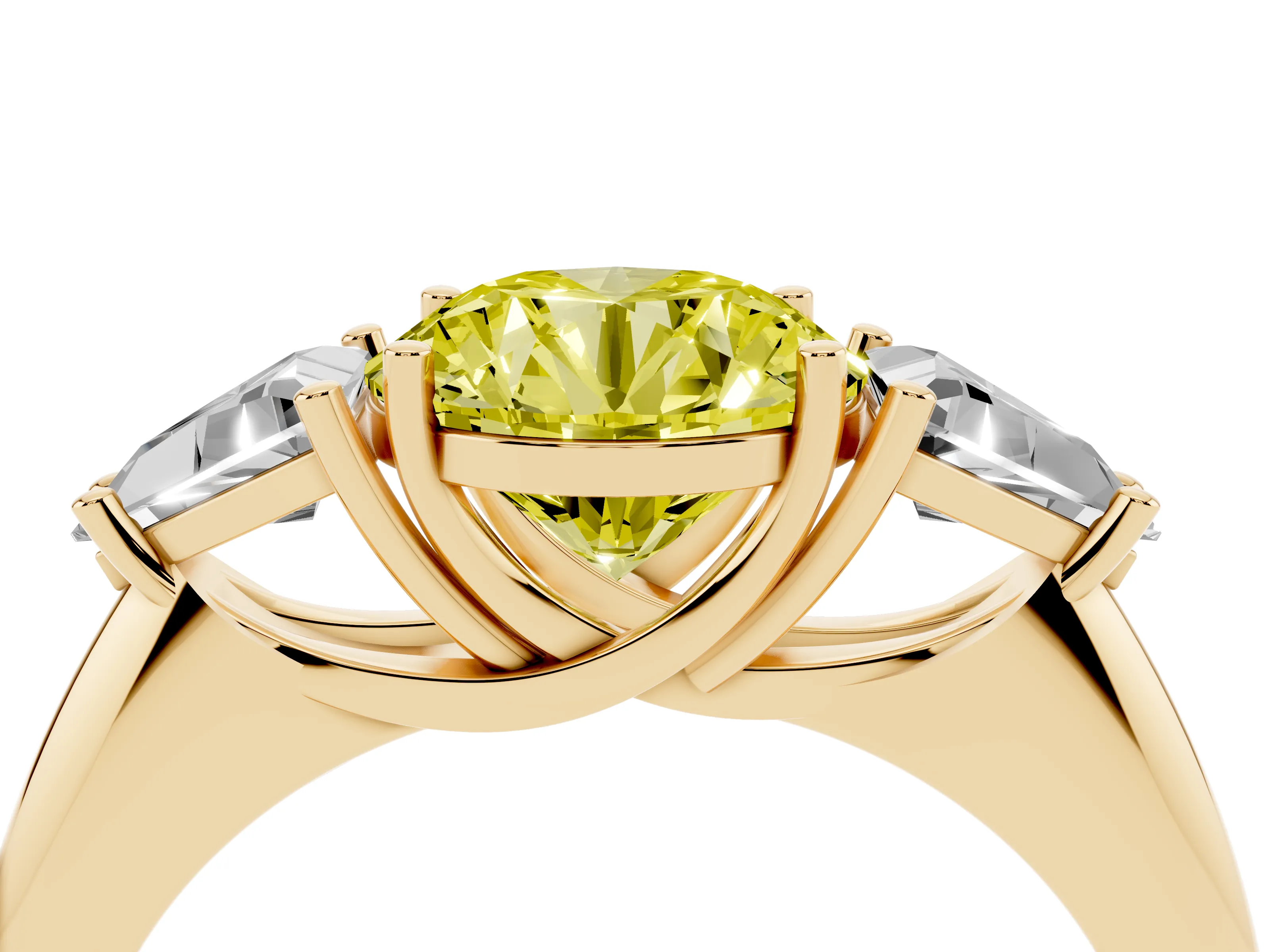Fancy Yellow Round Cut Diamond Three-Stone Engagement Ring Set in Yellow gold with Trillion Side Stones