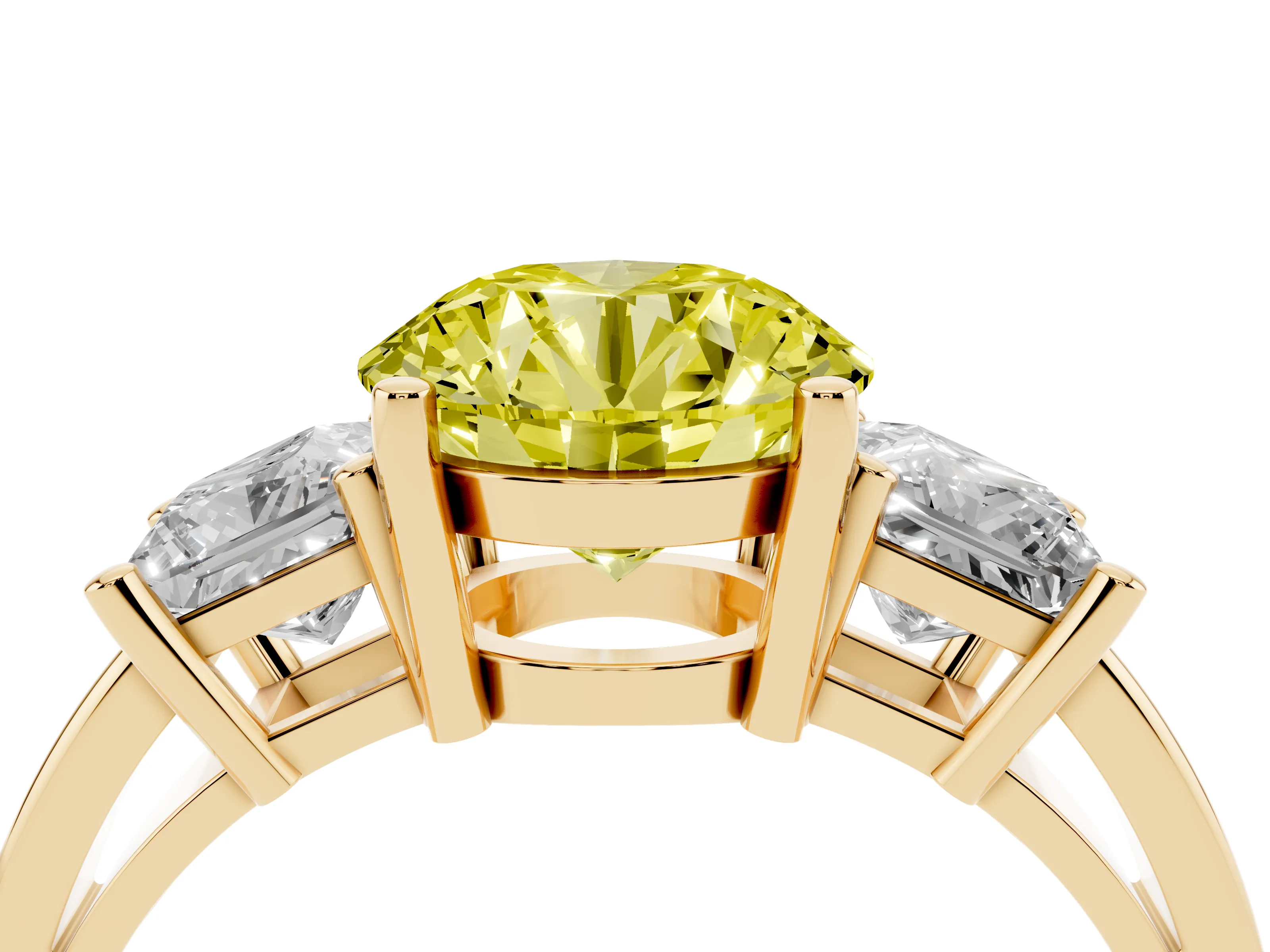 Fancy Yellow Three-Stone Round Cut Diamond Solitaire Ring Set in Yellow gold with Prong Setting