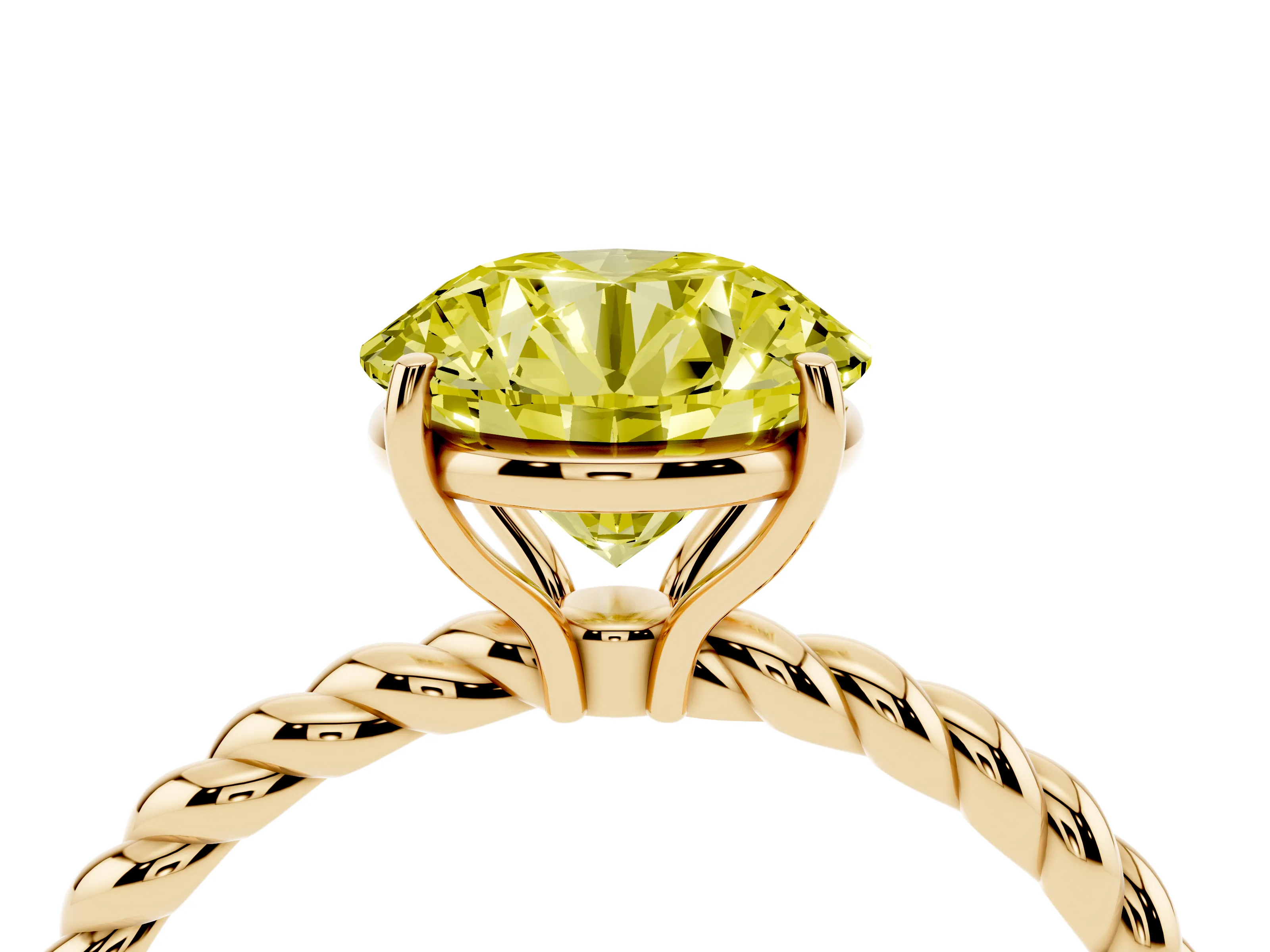 Fancy Yellow Round Cut Diamond Solitaire Ring Set in Yellow gold with Twist Band and Prong Setting