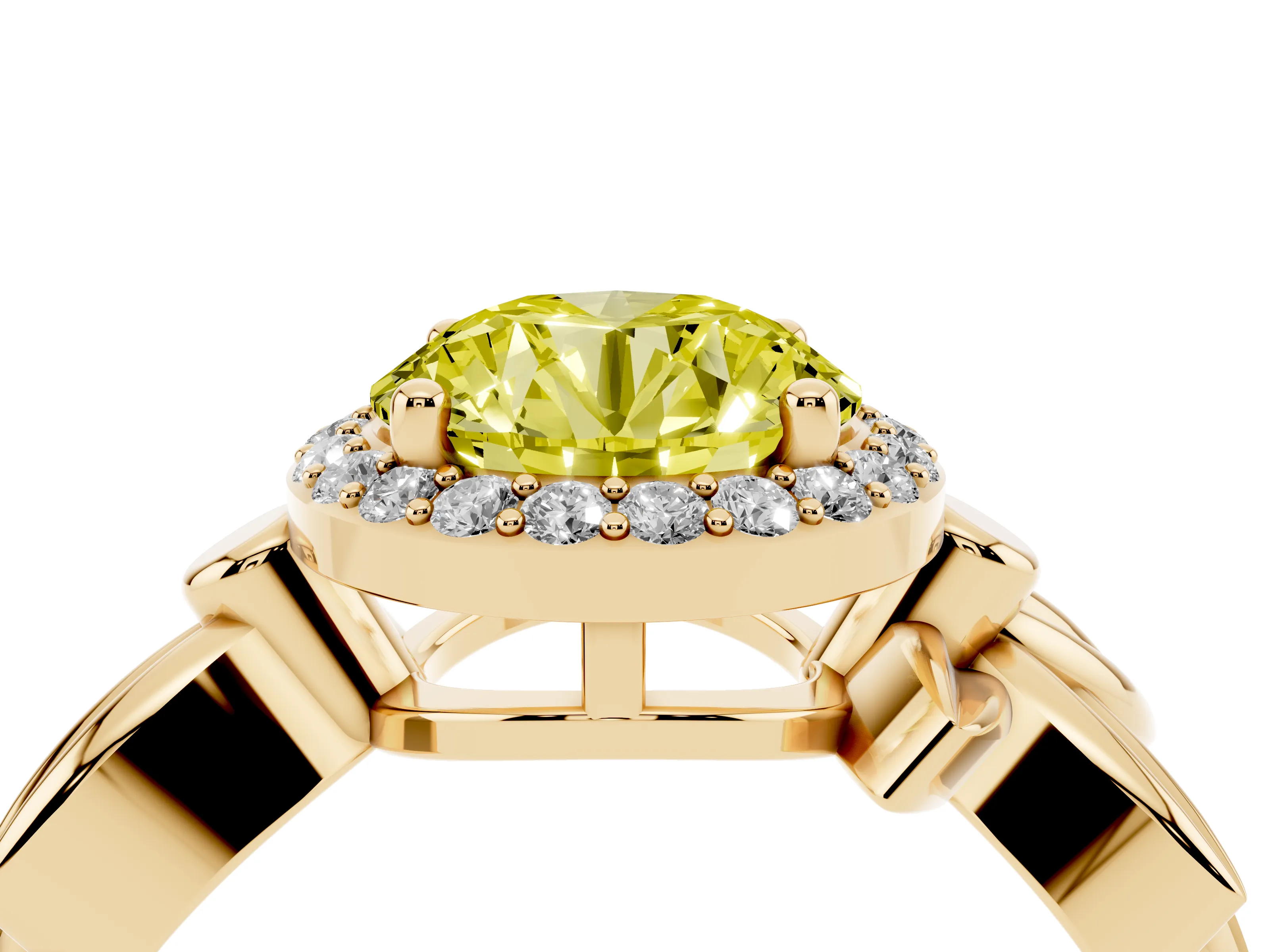 Fancy Yellow Round Cut Diamond Halo Floral Band Ring Set in Yellow gold with Prong Setting
