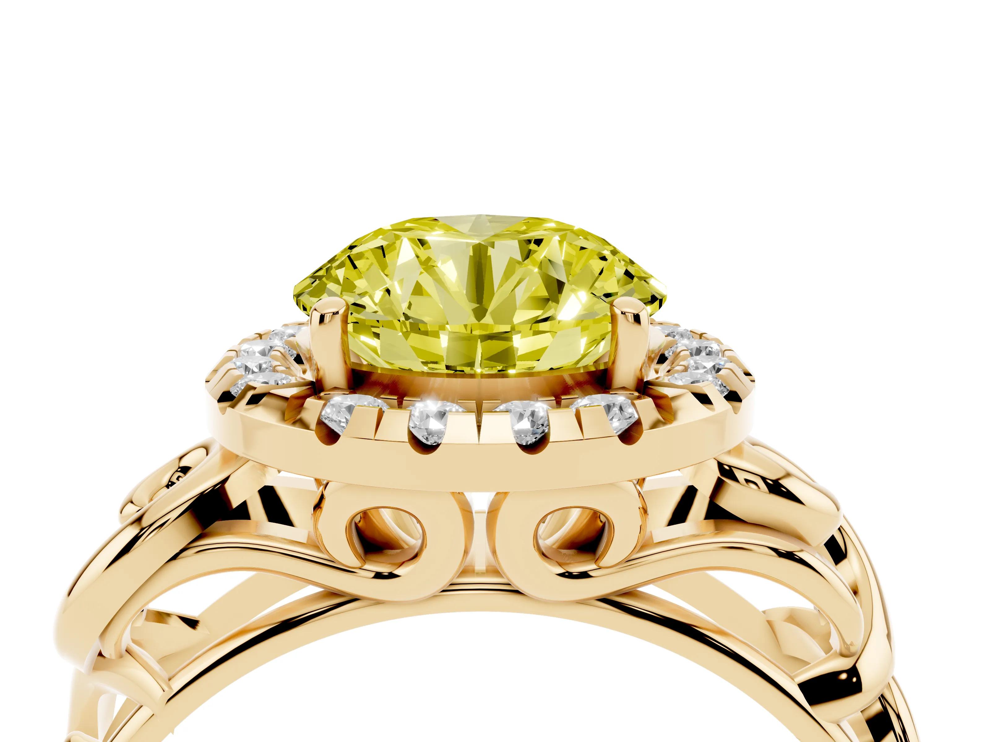 Fancy Yellow Round Cut Diamond Halo Ring Set in Yellow gold with Scrollwork Band and Prong Setting