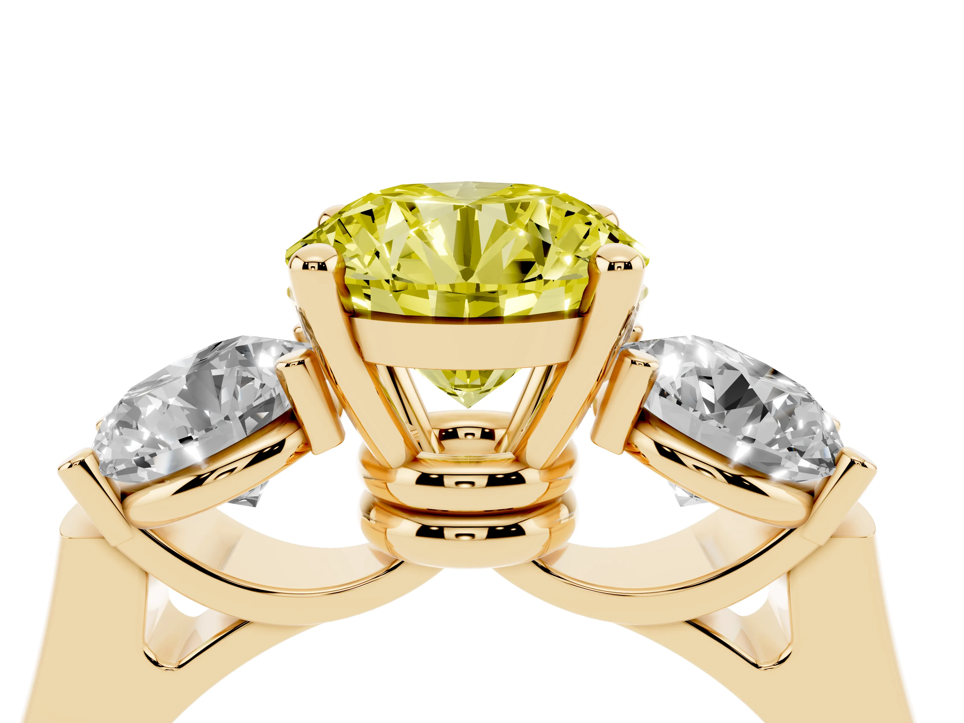 Fancy Yellow Round Cut Diamond Three-Stone Trellis Ring Set in Yellow gold with Comfort Fit Band